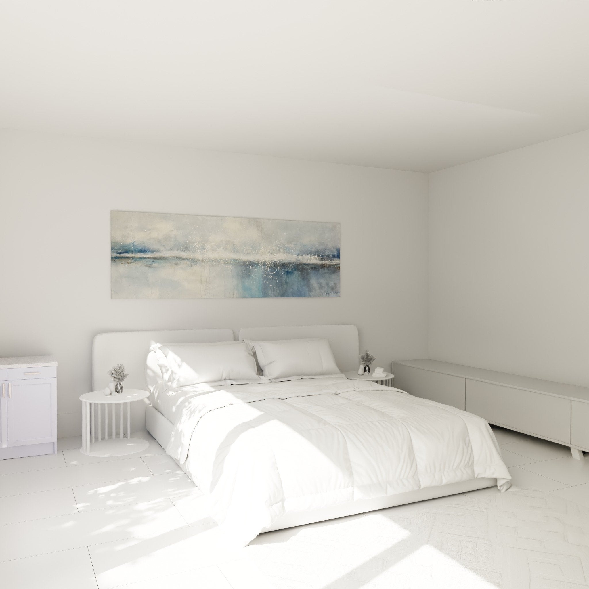 Blue oceanic wall art hung above a bed, maritime bedroom decor feng shui west metal