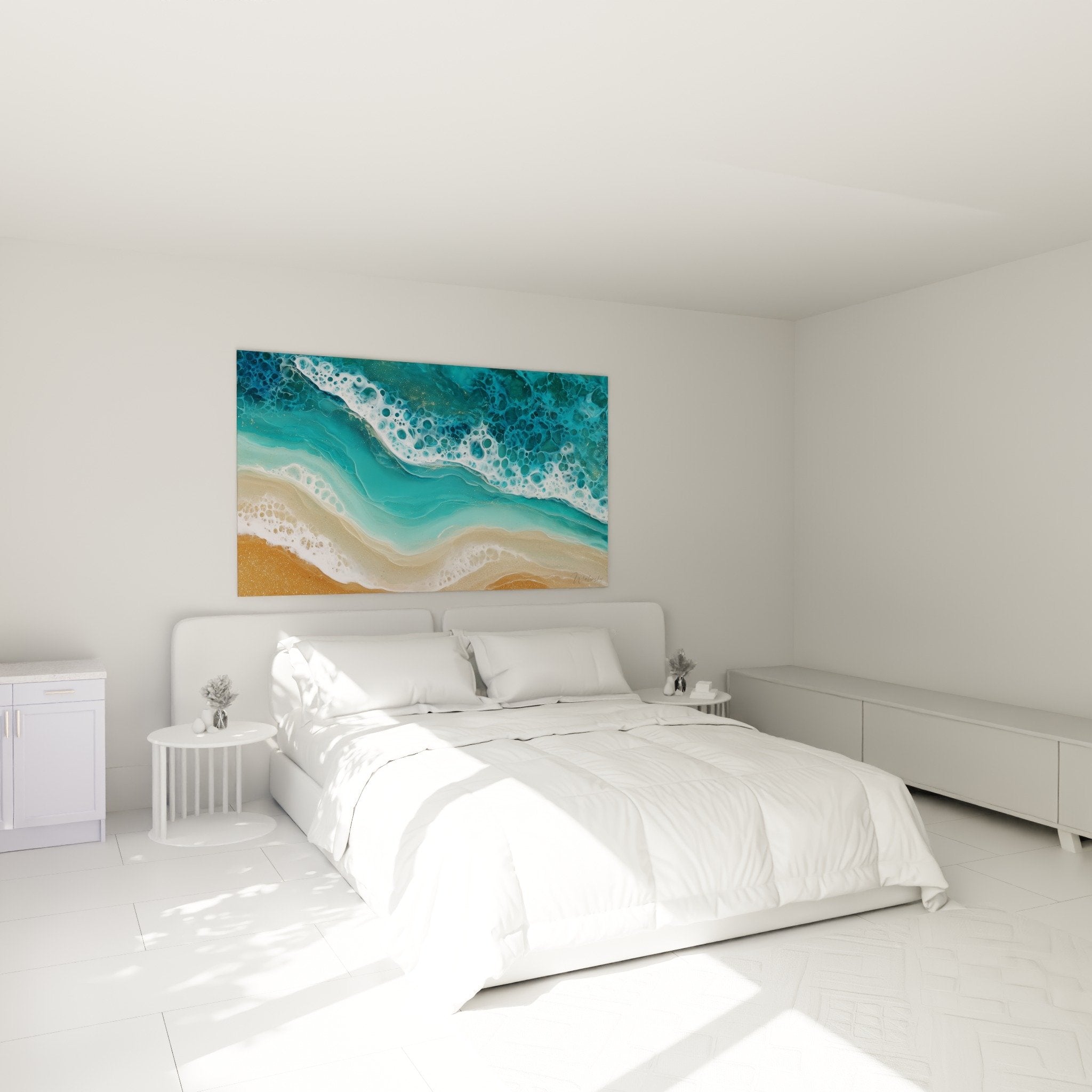 turquoise ocean wall art in modern bedroom feng shui water decoration soothing