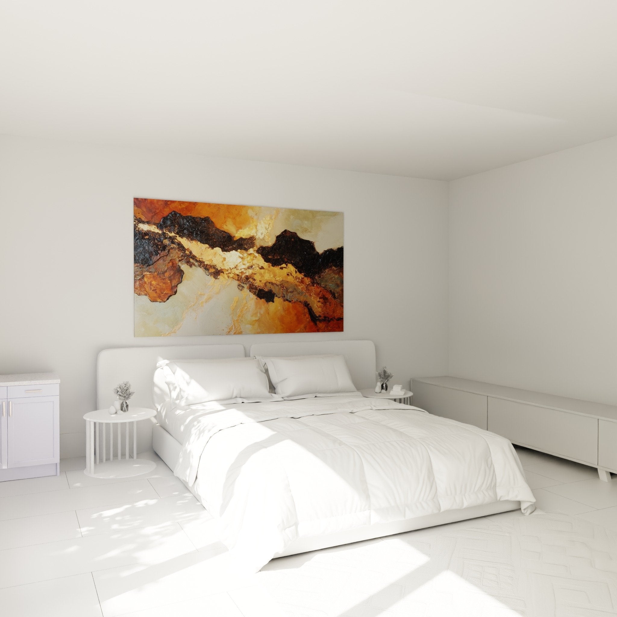 décoration chambre tableau abstrait ocre doré ambiance zen feng shui centre terre mur beige