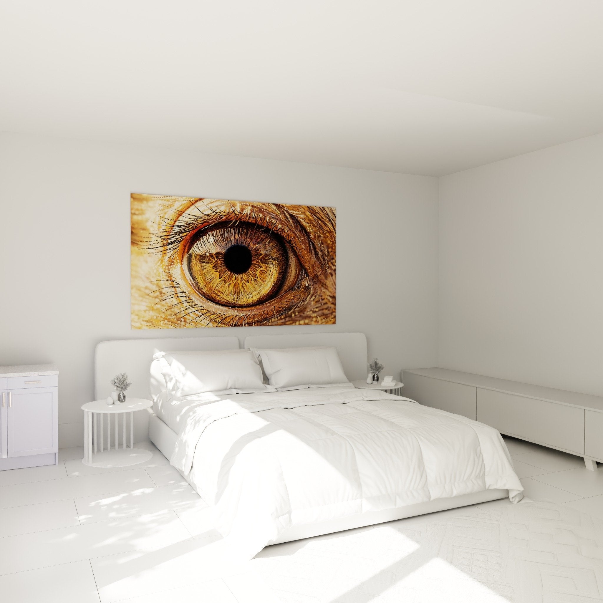 Schlafzimmer Dekoration Gemälde goldenes Auge Strauß warme Atmosphäre kupfertöne