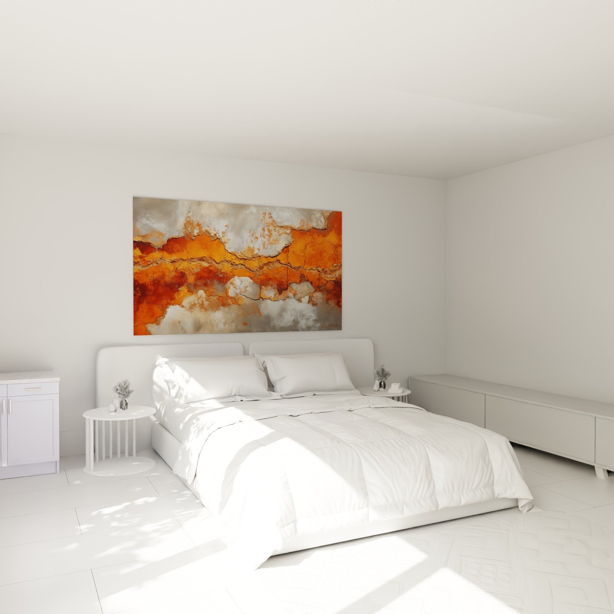 Bedroom decor with abstract orange beige artwork featuring geological cracks earthy feng shui centered ambiance
