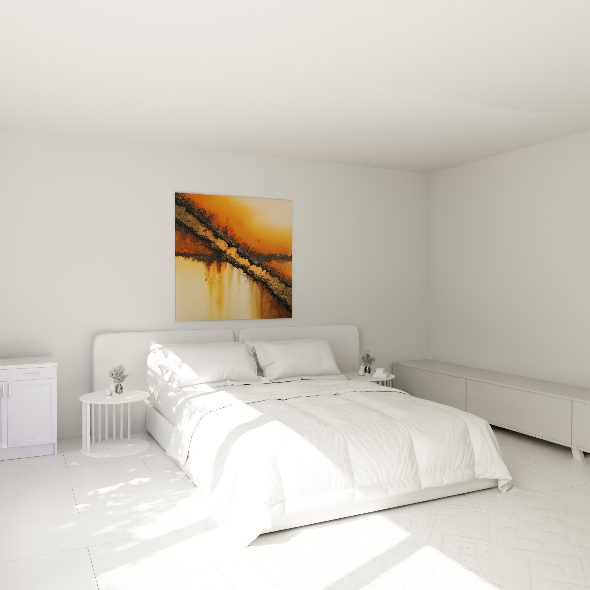 Decoration murale abstraite tons orange dans chambre moderne, ambiance feng shui centre terre apaisante