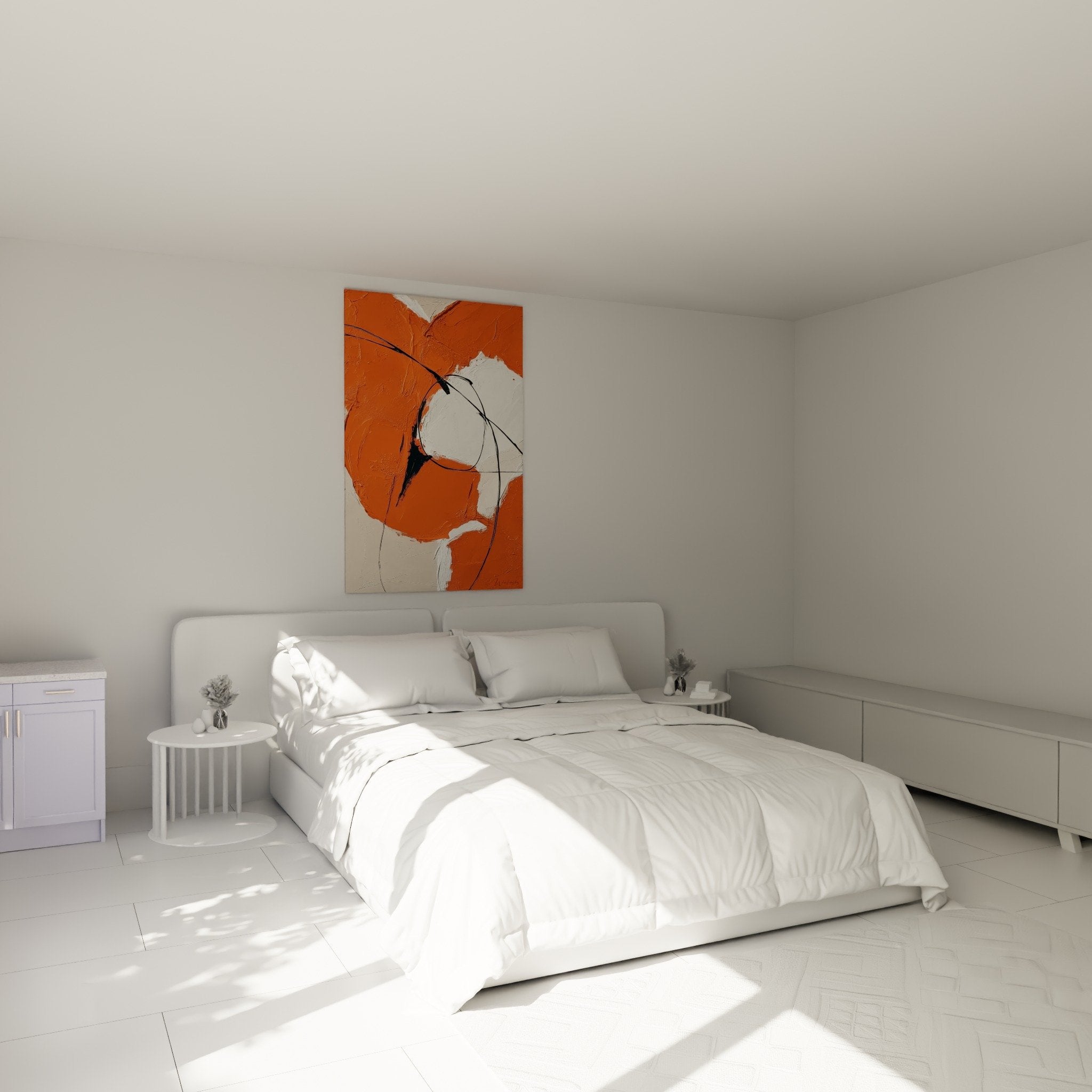 Abstrakte orangefarbene Wanddekoration in modernem Schlafzimmer, Feng Shui Süden Feuer