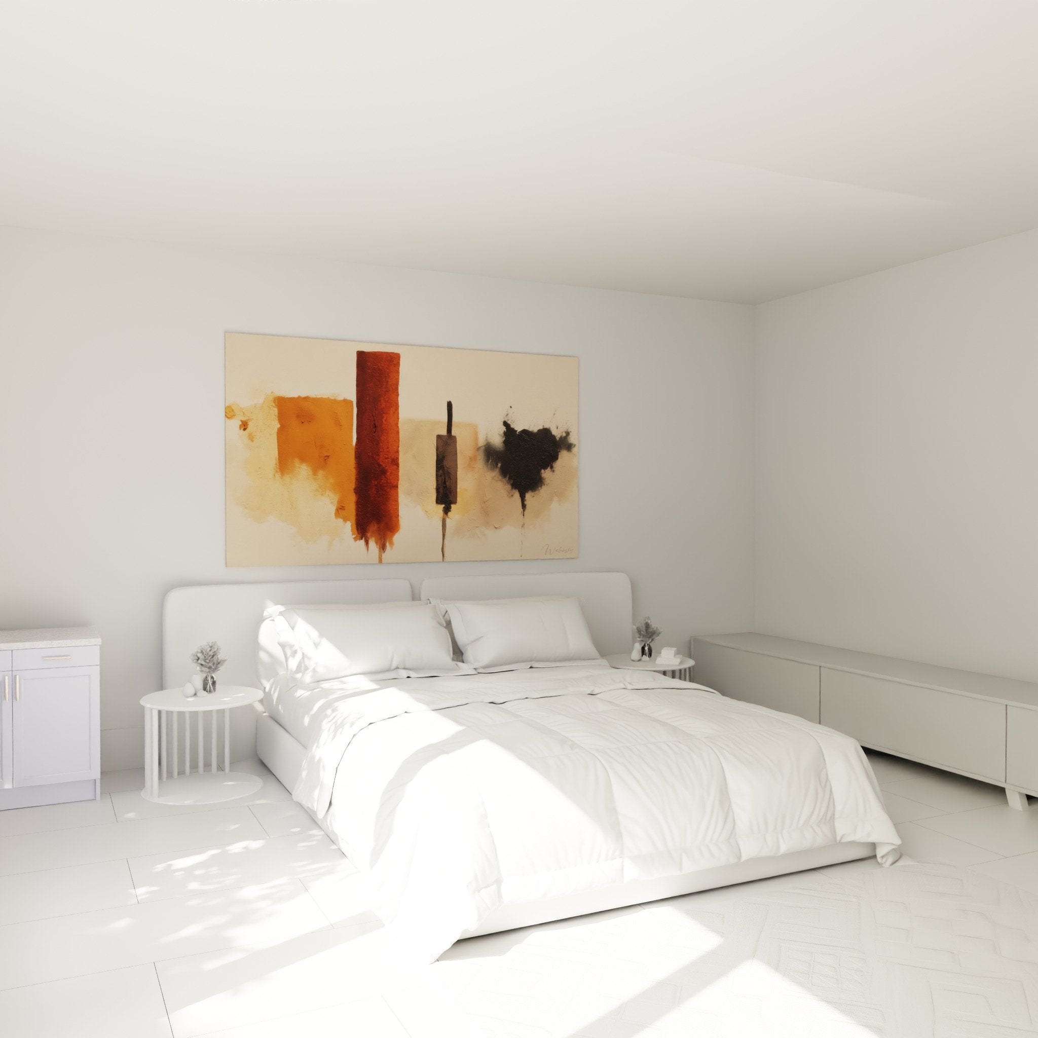 Abstract orange and black wall decoration in modern feng shui bedroom with earth center style