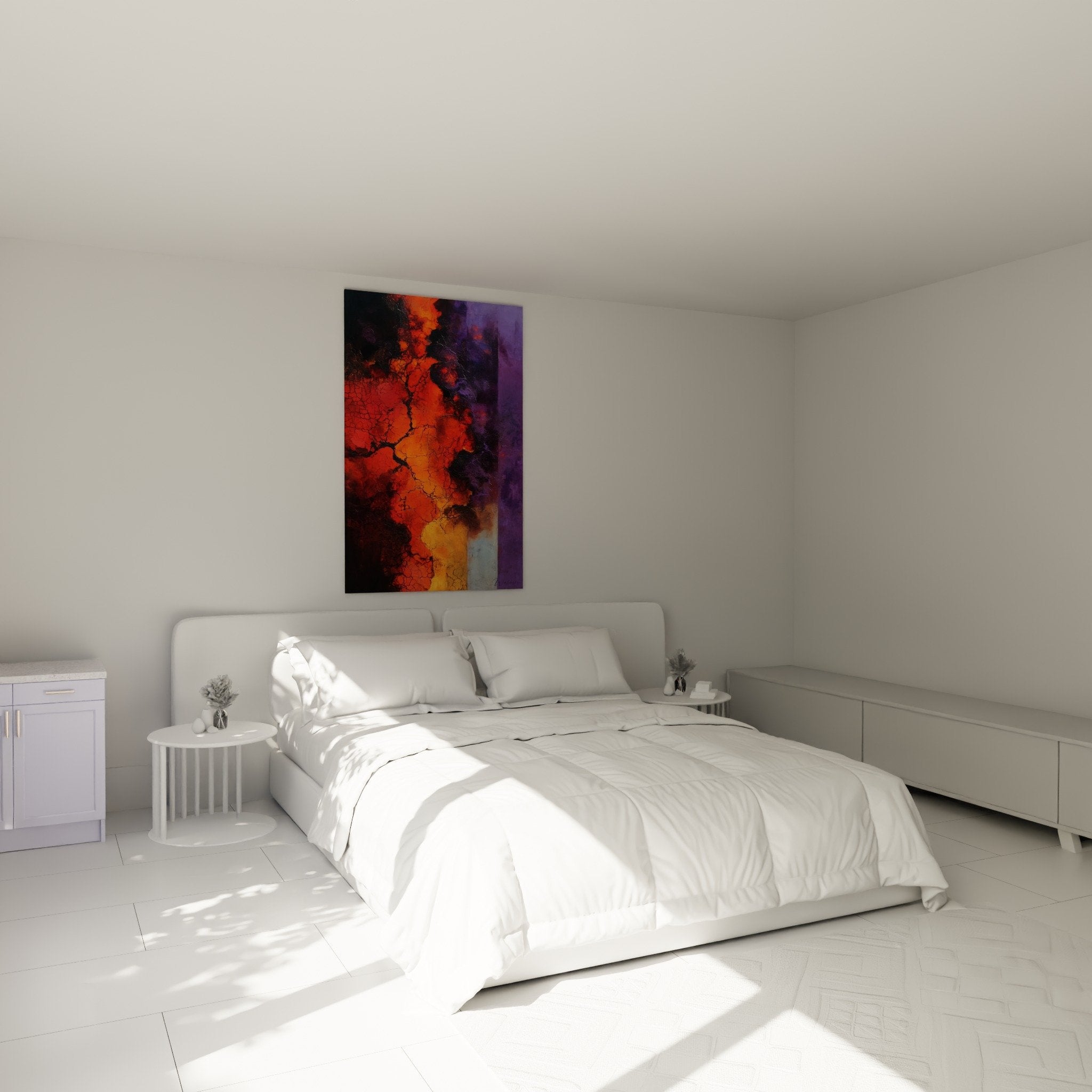 Schlafzimmer-Dekoration abstraktes Gemälde orange violett rissig warme Atmosphäre Feng Shui Süden Feuer