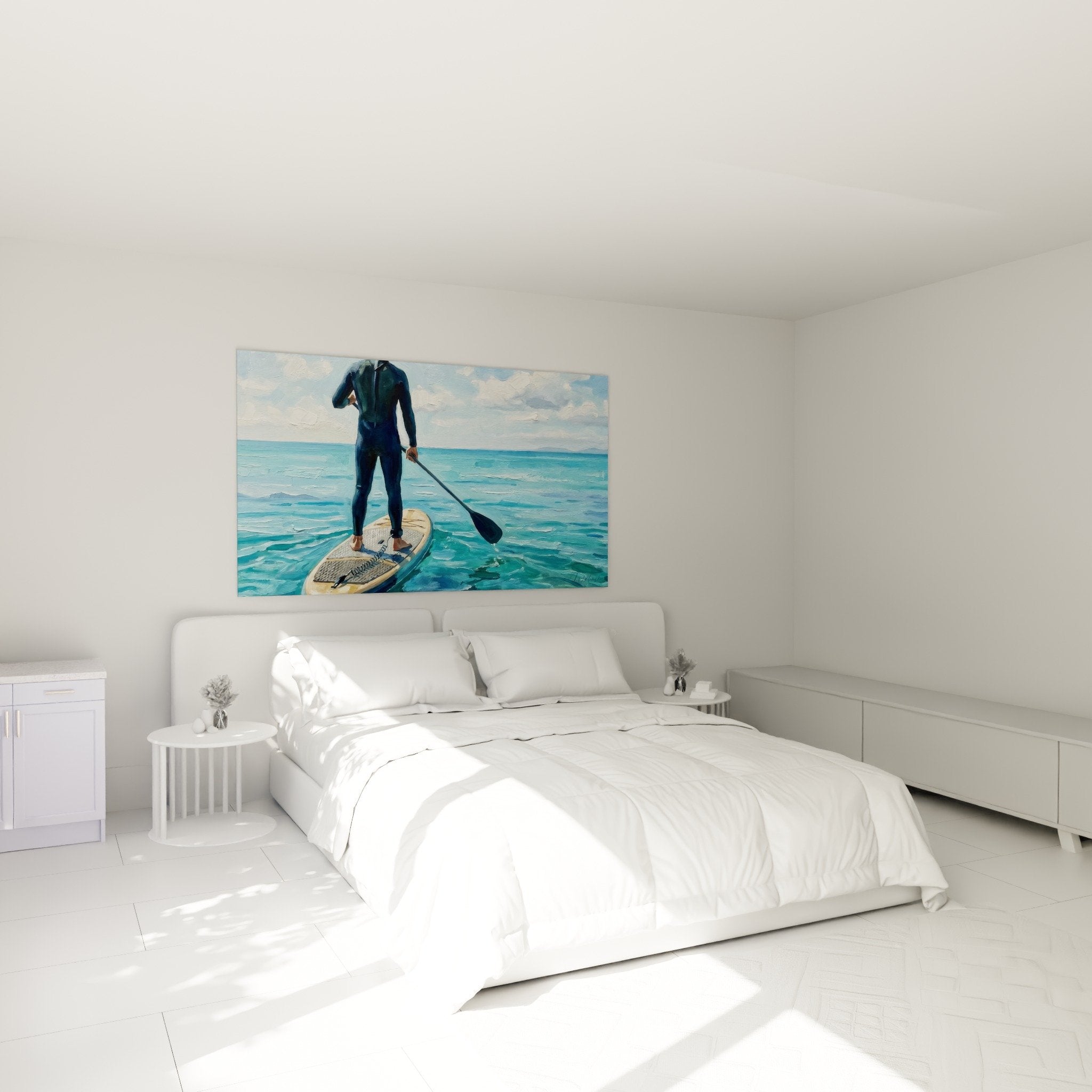 Deco chambre tableau paddle eaux cristallines ambiance apaisante sport nautique art mural bleu