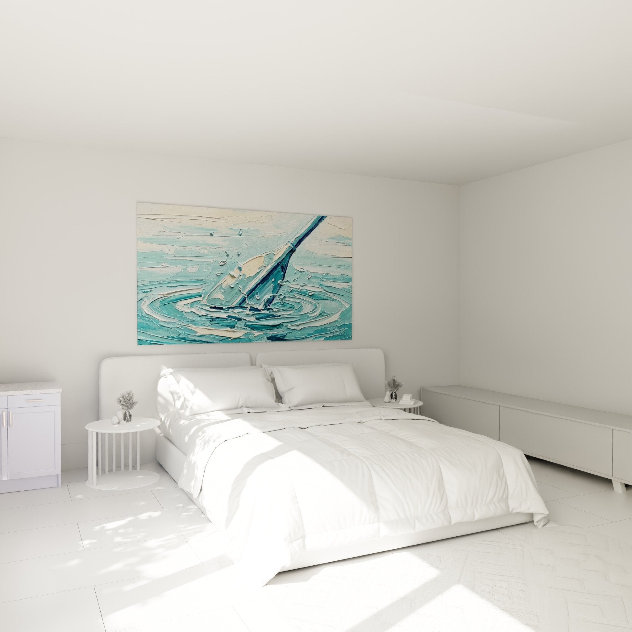 Décoration chambre avec tableau paddle turquoise, ambiance maritime sereine, art mural aquatique moderne