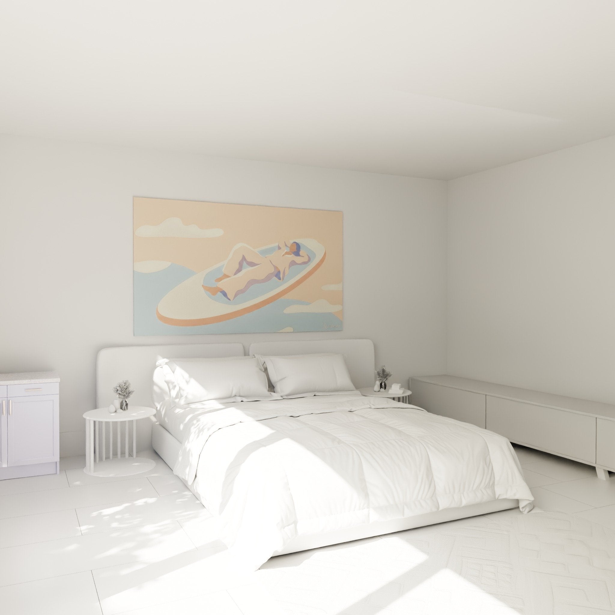 Décoration chambre avec tableau paddle sérénité aquatique couleurs douces ambiance zen