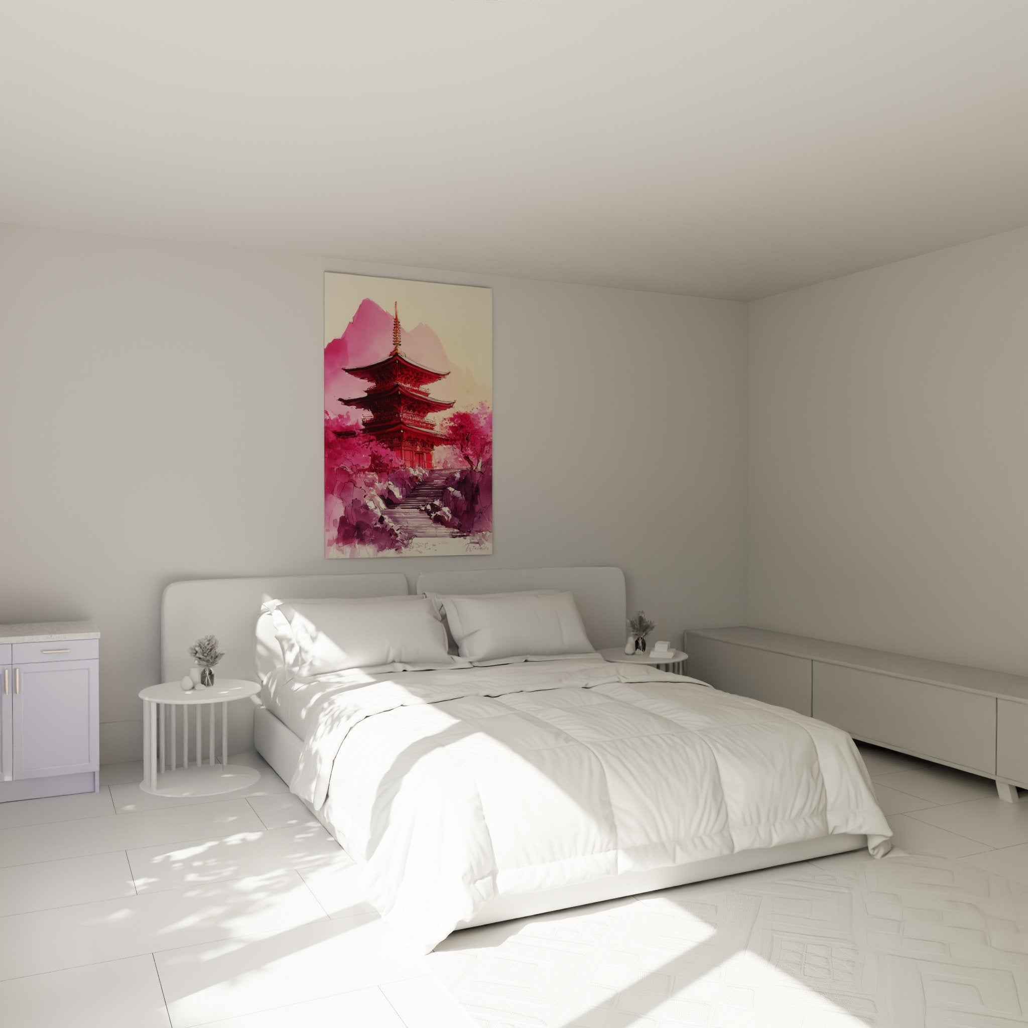 Décoration chambre avec tableau pagode rouge et rose dans intérieur épuré aux tons neutres et bois naturel