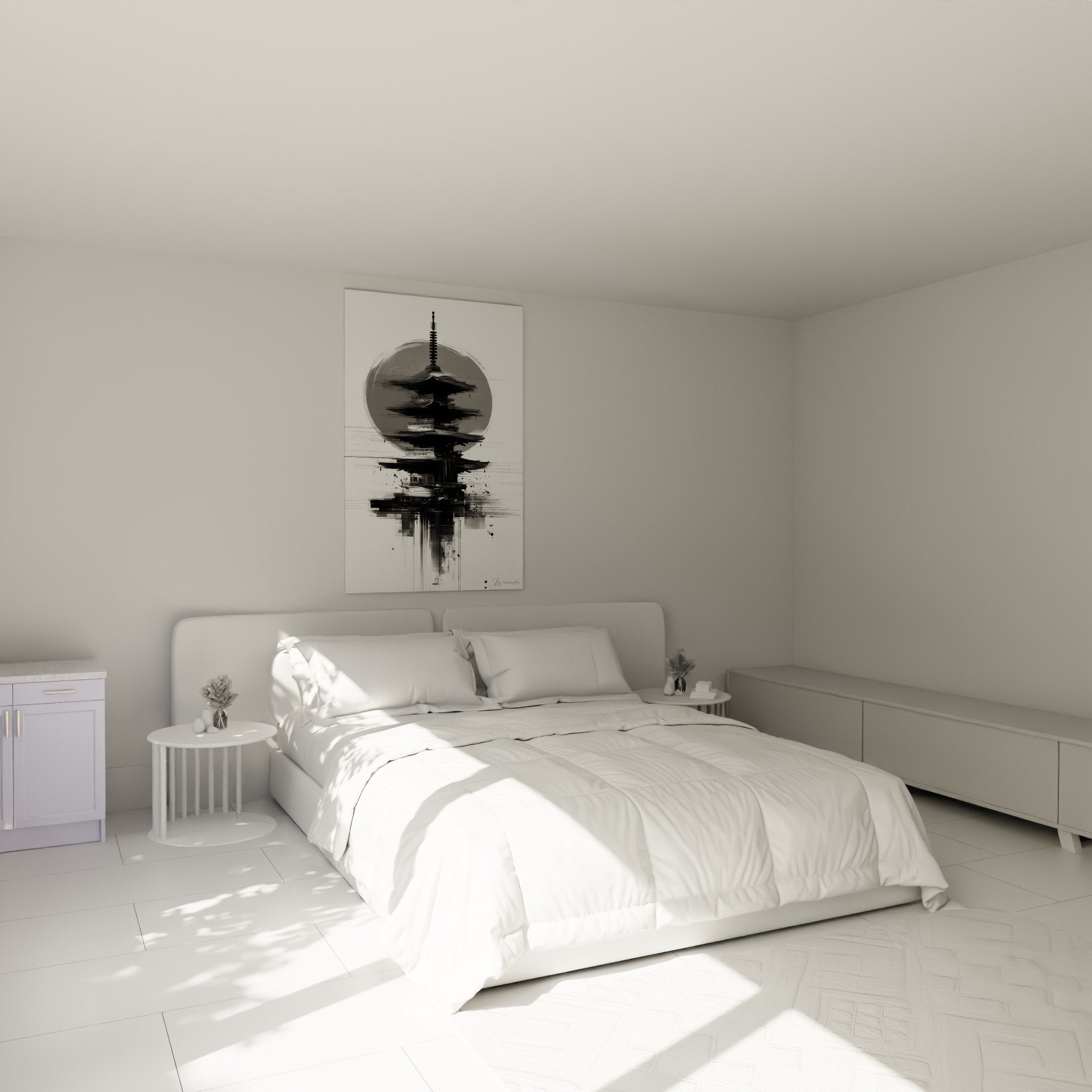 Japanese pagoda wall art black white zen minimalist bedroom decor above modern bed