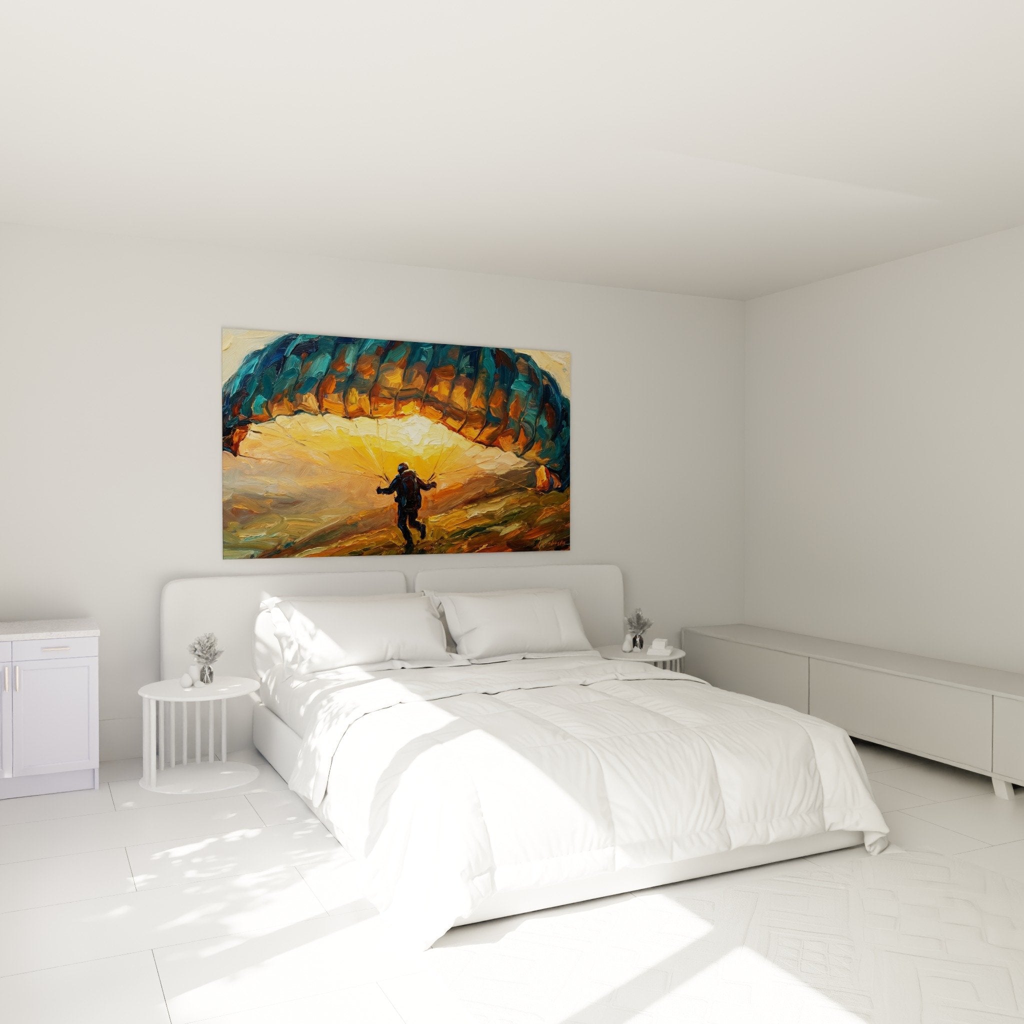Tableau parapente mystique dans chambre moderne, œuvre grotte orangée turquoise décoration murale contemporaine