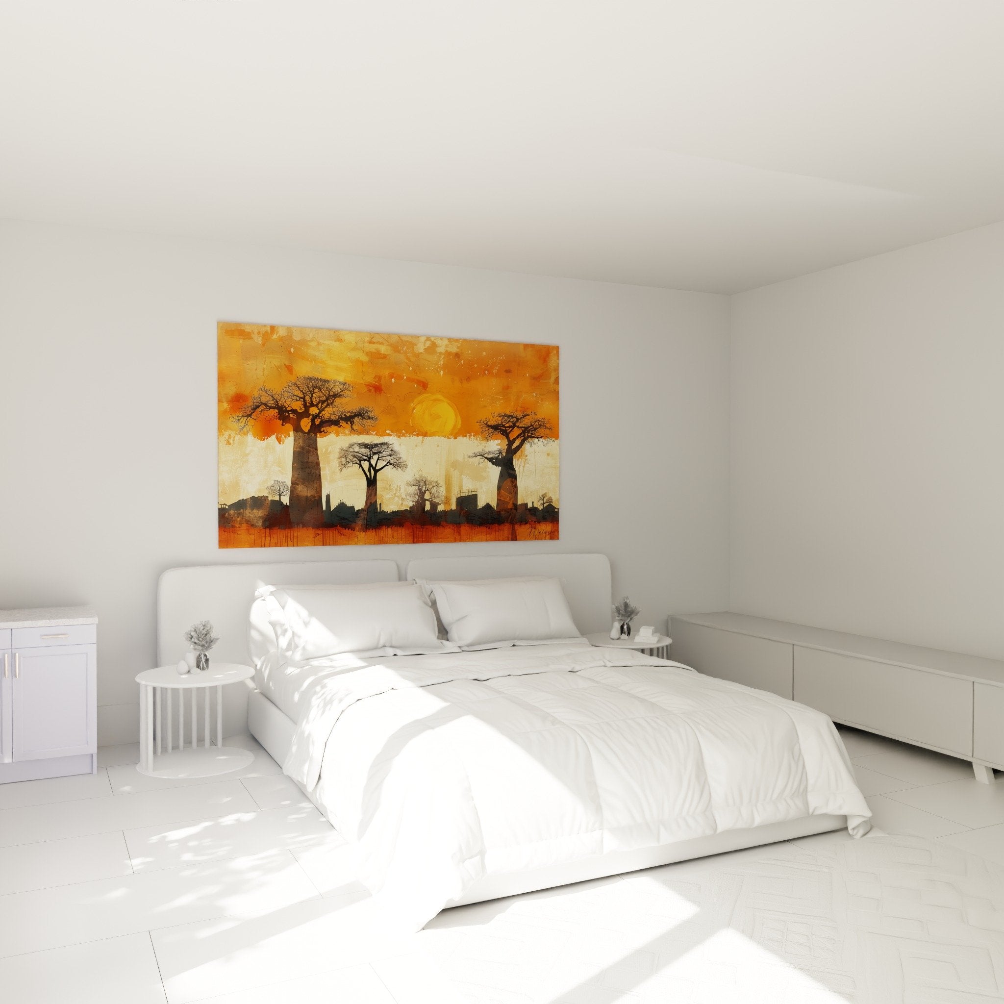 Tableau savane baobabs orangés décorant chambre moderne ambiance chaleureuse Afrique