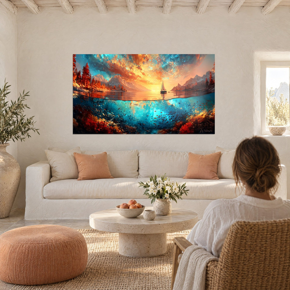 Schilderij wit zeilbootje op een meer bij zonsondergang, oranje hemel en turquoise sterrenhemel, boven een bank in een lichte woonkamer