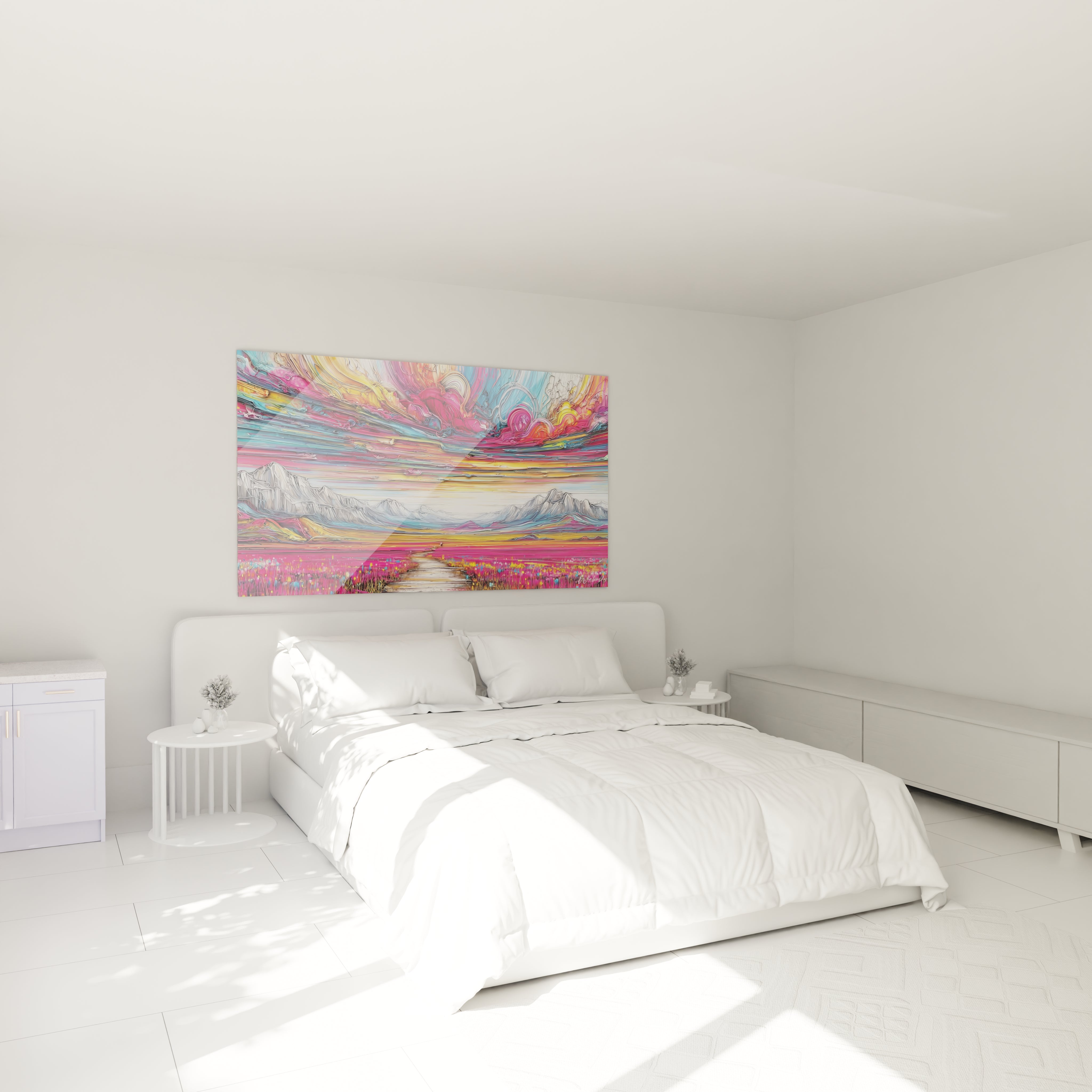 Décoration chambre avec tableau paysage montagneux aux couleurs vives et ciel multicolore