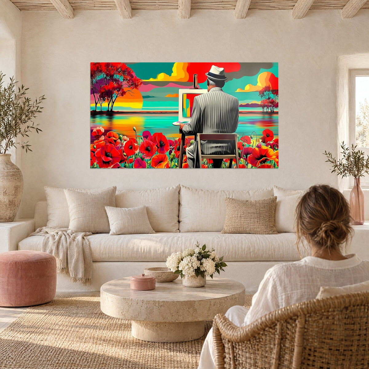 Gemälde Maler mit weißem Hut vor seiner Staffelei, rote Mohnblumen und türkisfarbener See, über einem Sofa in einem lichtdurchfluteten Wohnzimmer
