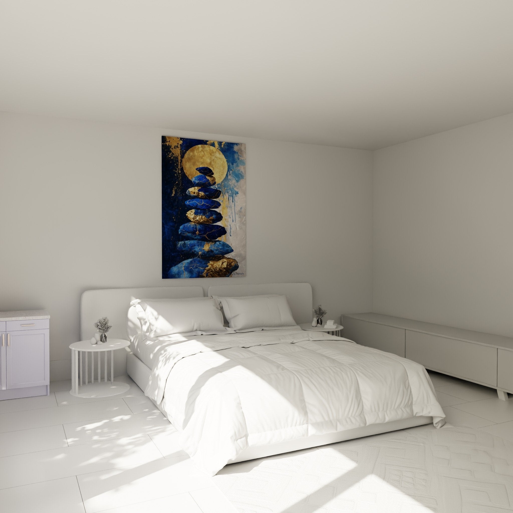 Blue stones feng shui wall art in modern bedroom with zen decoration and soothing tones