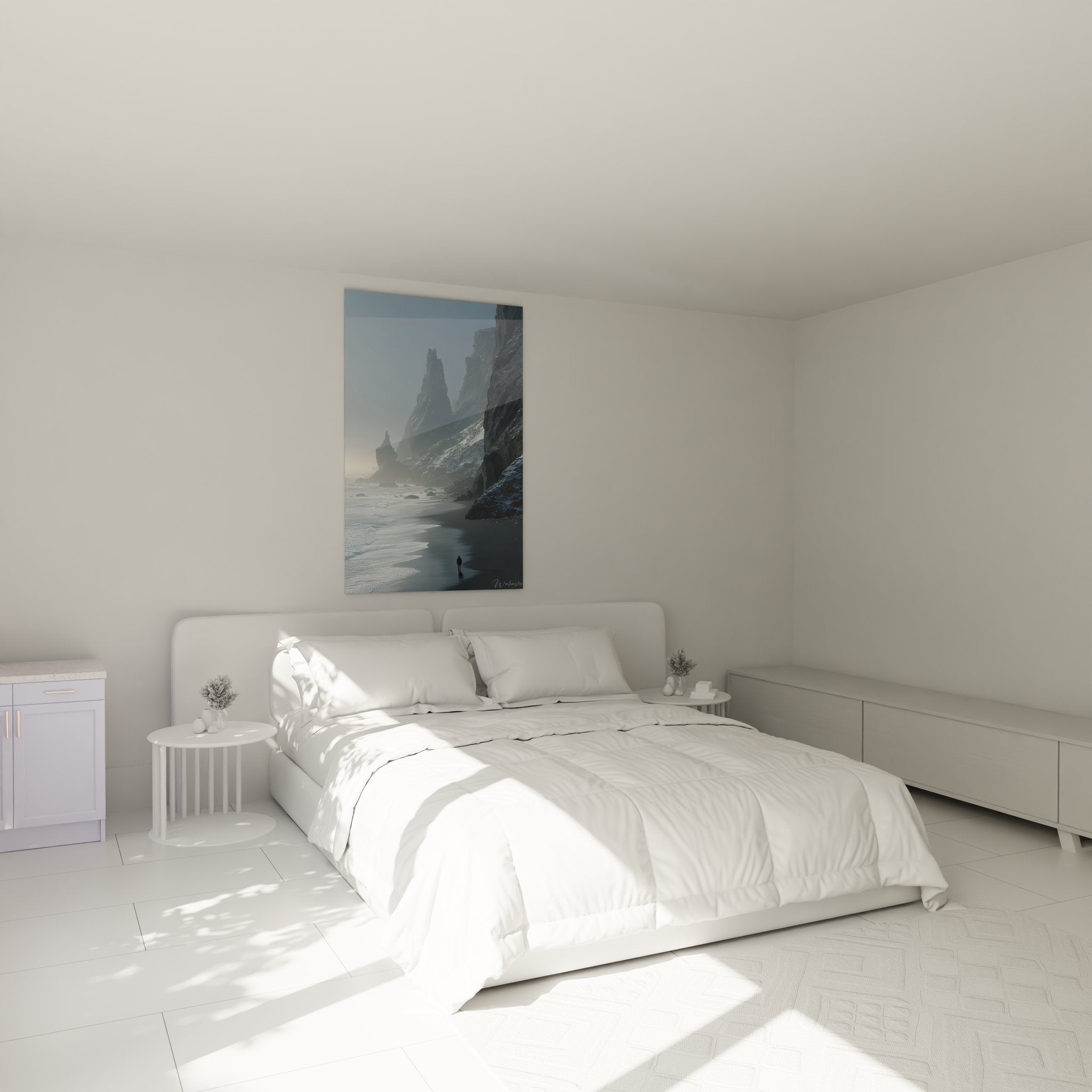 Décoration chambre tableau plage côte sauvage ambiance apaisante falaises et mer dans intérieur moderne