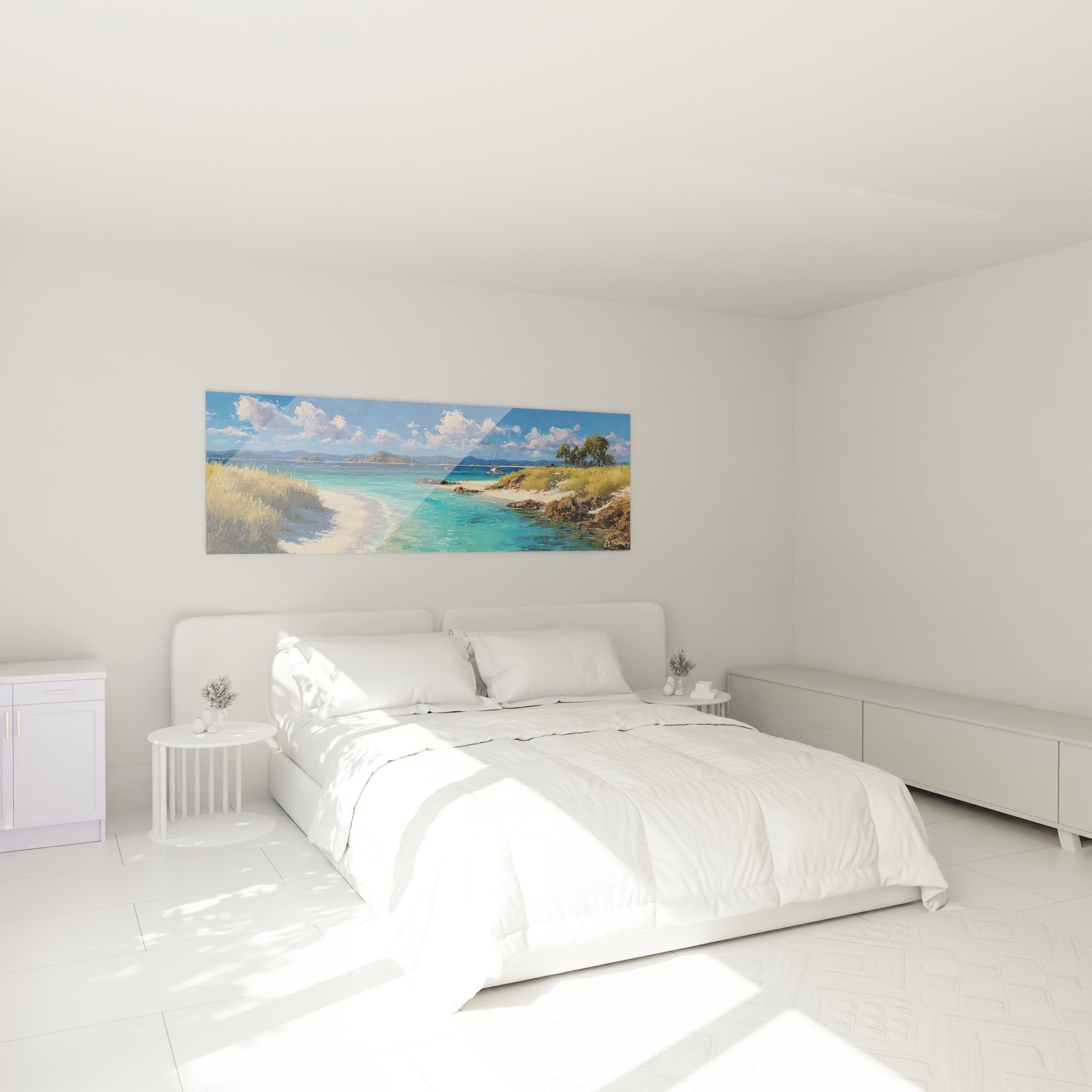 Déco chambre tableau plage tropicale panoramique aux eaux cristallines et îlots dans ambiance cosy moderne