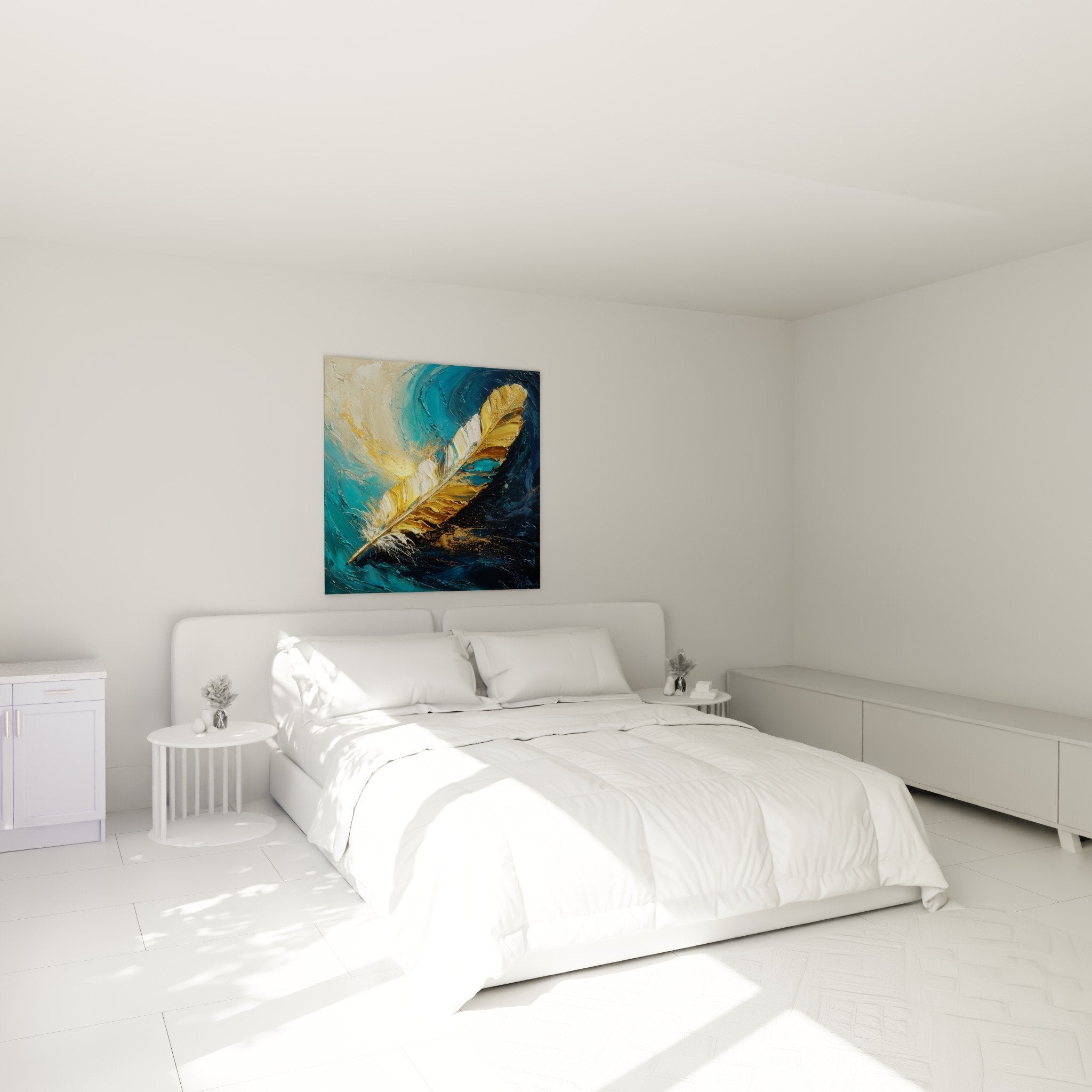 Golden turquoise feather wall art decorating a modern bedroom with bed and contemporary furniture