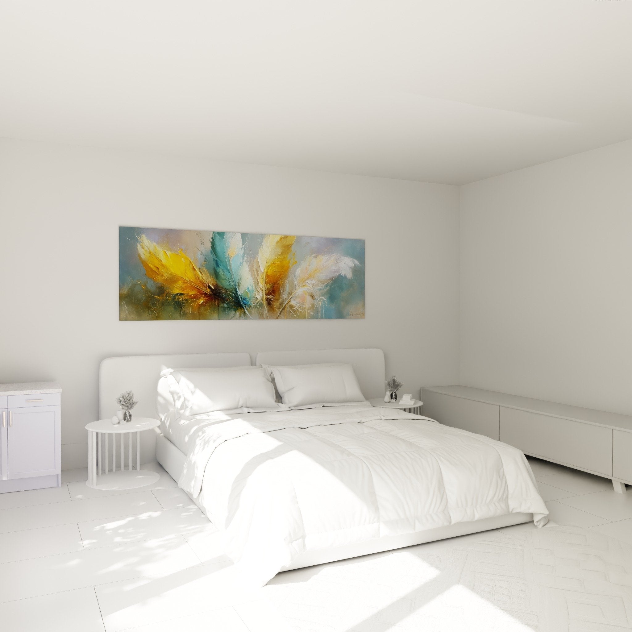 Abstract feathers wall art gold turquoise bedroom decoration above modern bed headboard