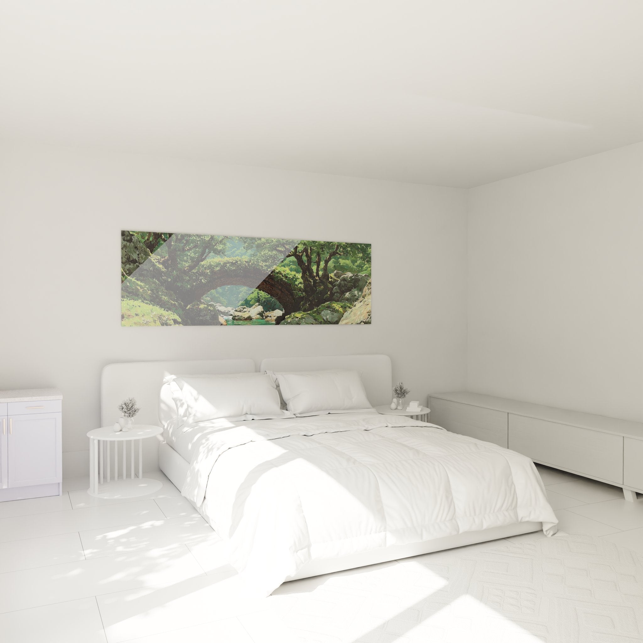 Décoration chambre avec tableau pont forestier, ambiance naturelle et apaisante pour intérieur