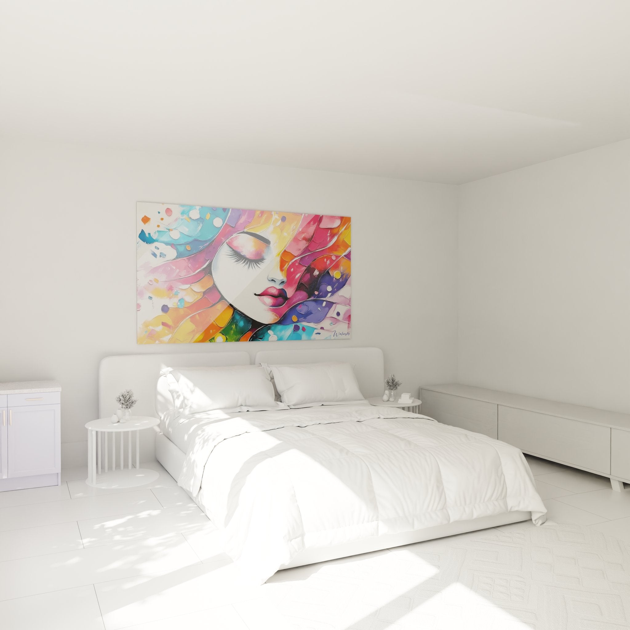 Décoration chambre avec tableau portrait femme coloré style abstrait moderne