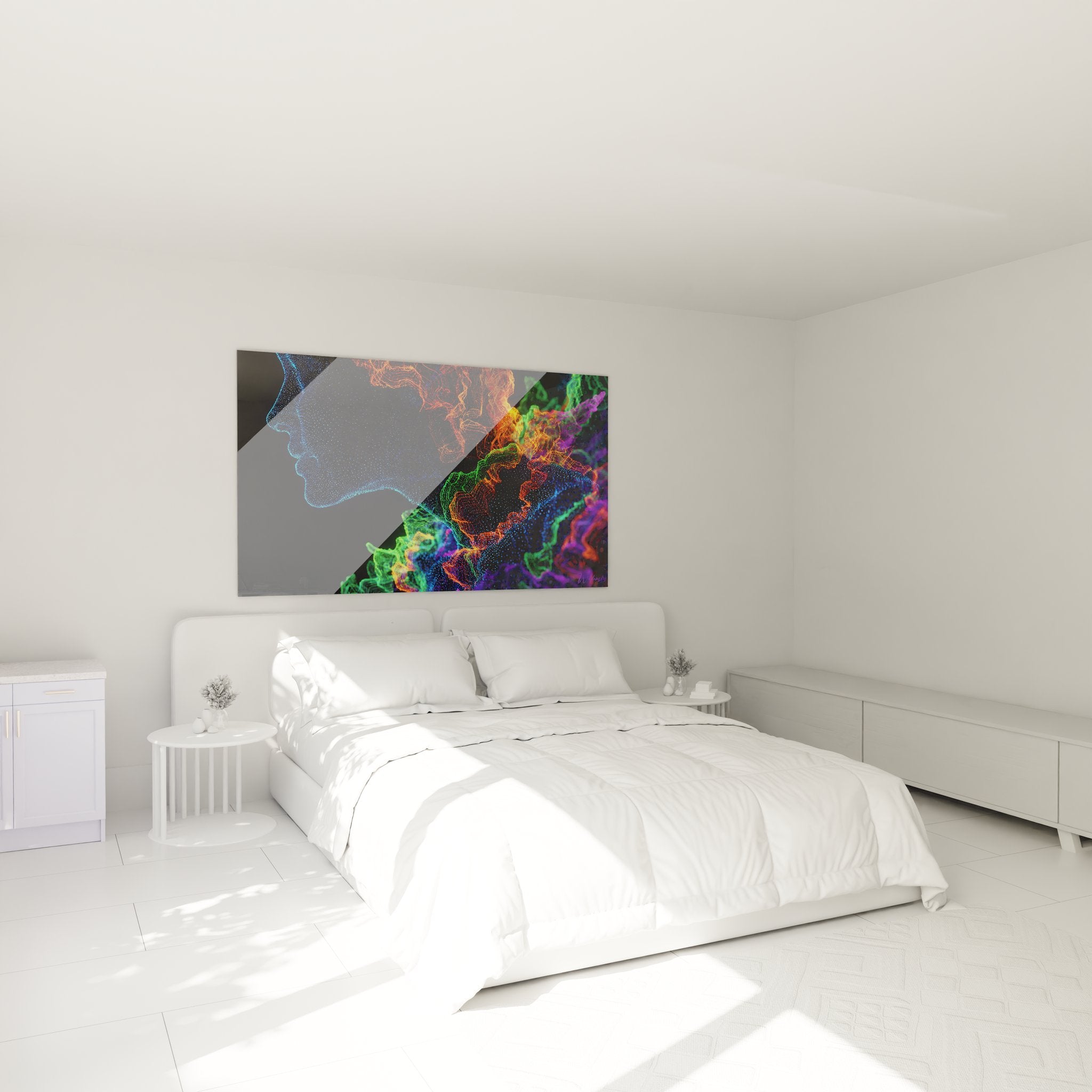 Décoration murale profil digital futuriste dans chambre moderne, ambiance néon artistique