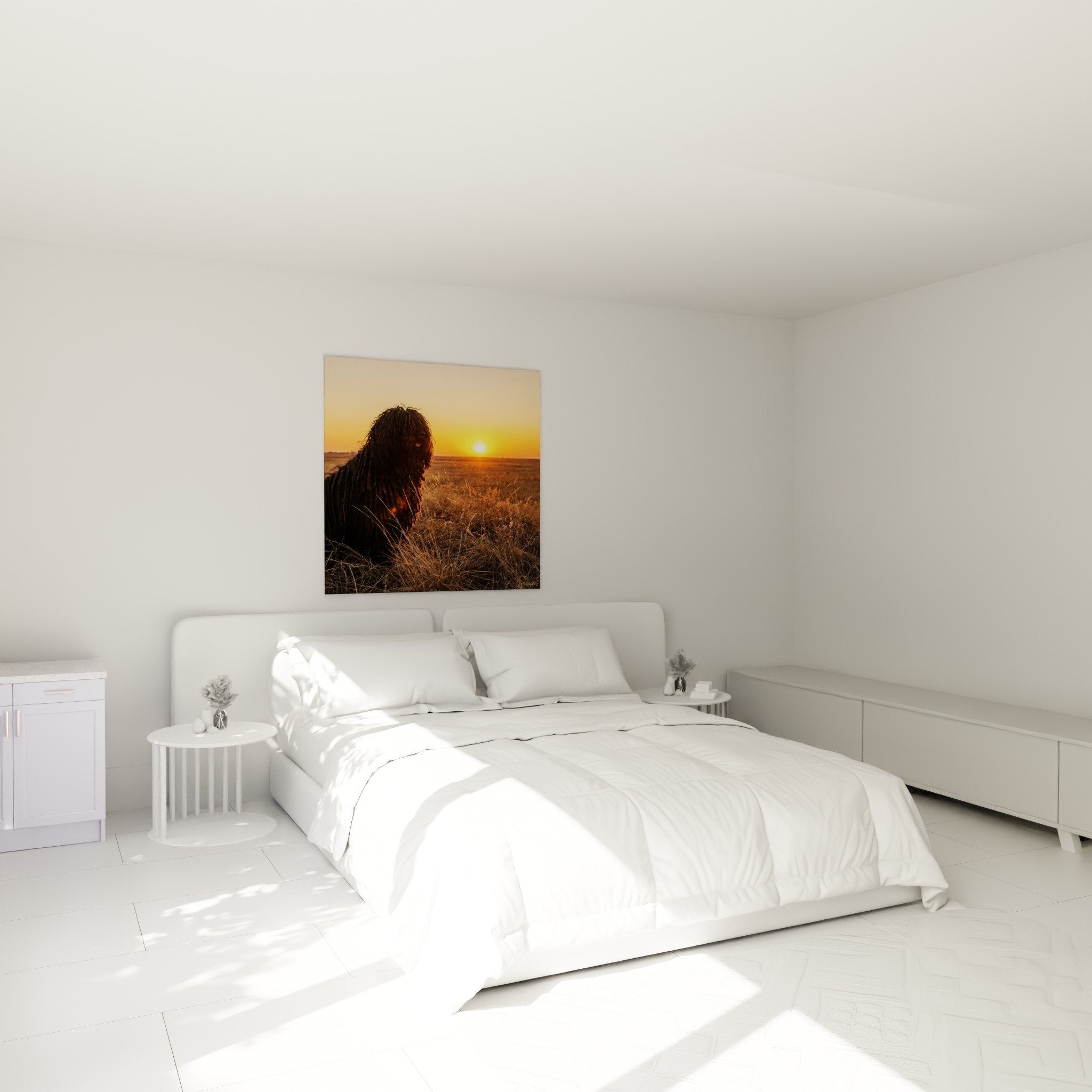 Déco chambre tableau Puli coucher soleil ambiance zen chaleureuse tons dorés naturels