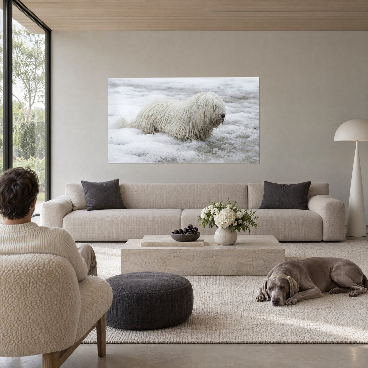 Wall art of a white puli with corded locks on grey ice, right profile, two men seen from behind, above a sofa in a bright living room