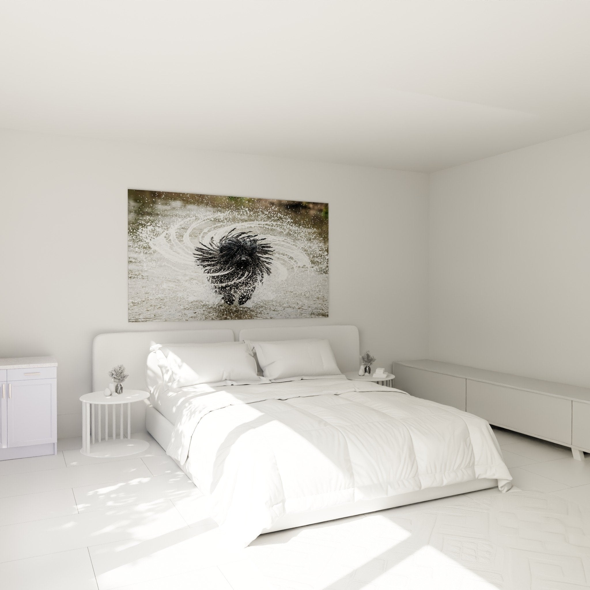 decoration chambre tableau chien puli eclaboussures eau noir blanc energie mouvement