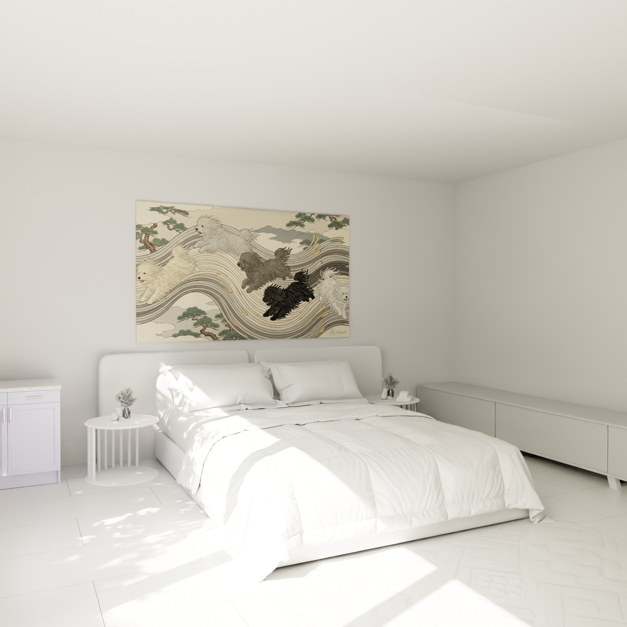 Tableau Puli vagues dorées accroché au mur chambre ambiance zen décoration murale