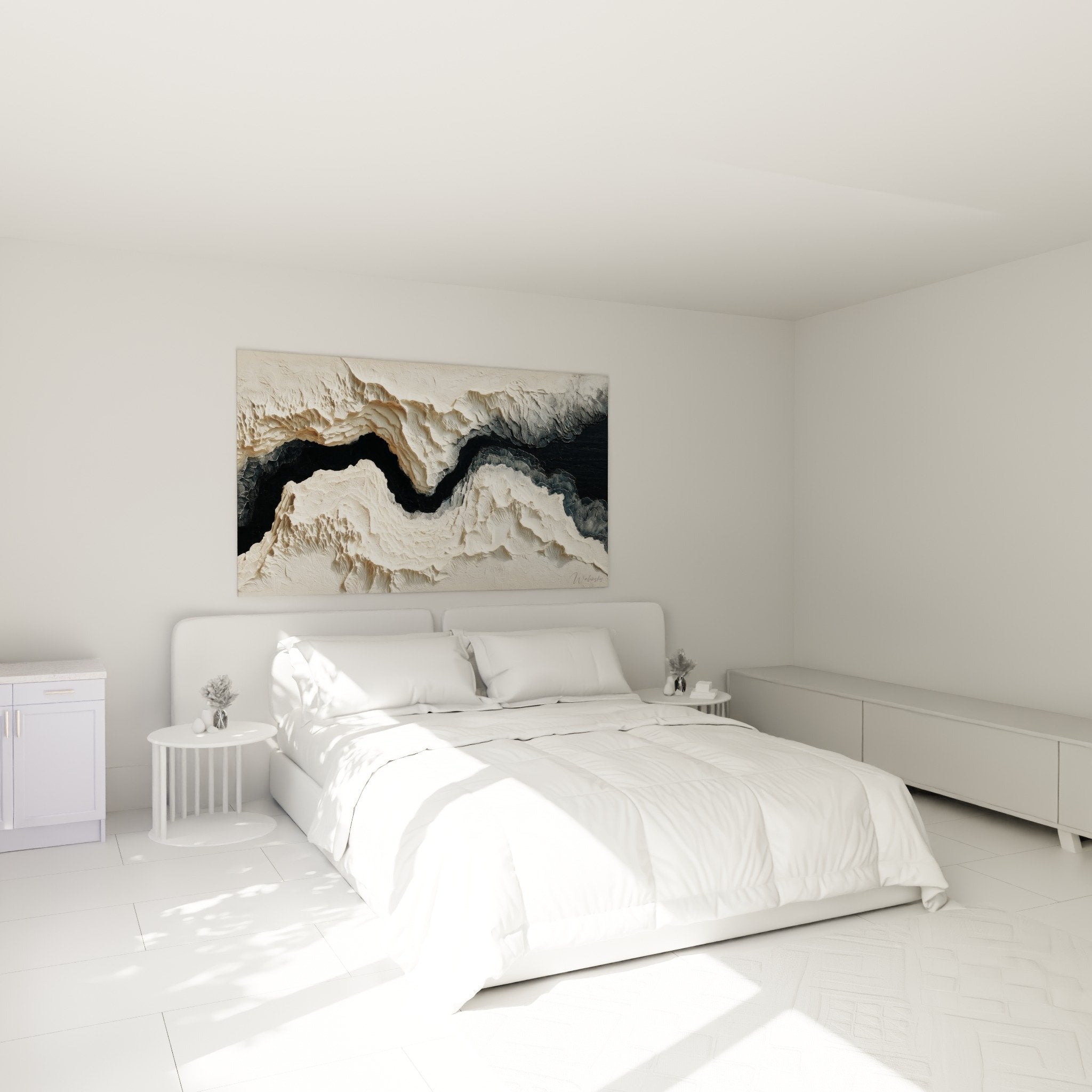 decoration chambre tableau relief blanc gris textures sculpturales ambiance moderne feng shui metal