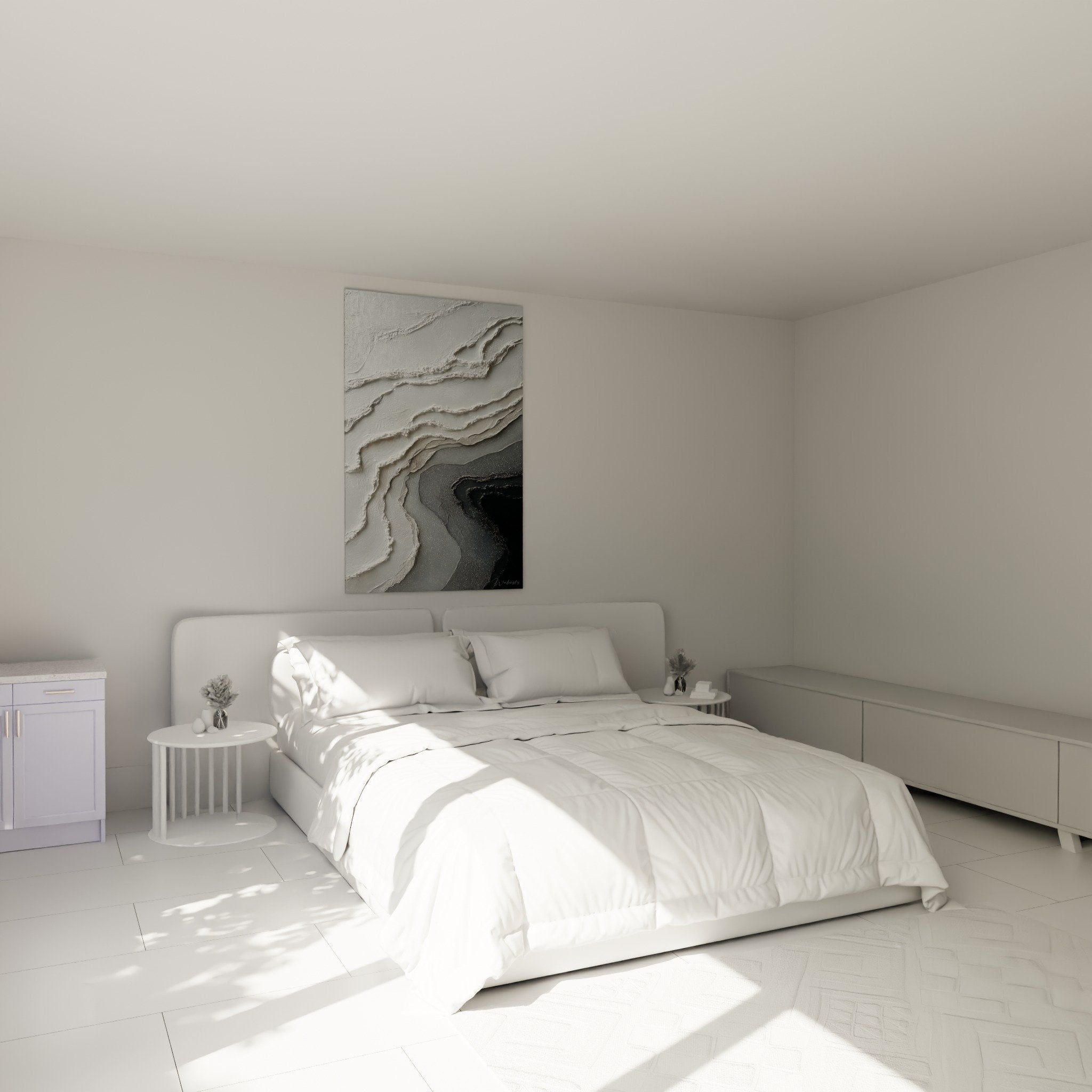 Decoration murale abstraite relief blanc gris chambre moderne feng shui metal ambiance zen