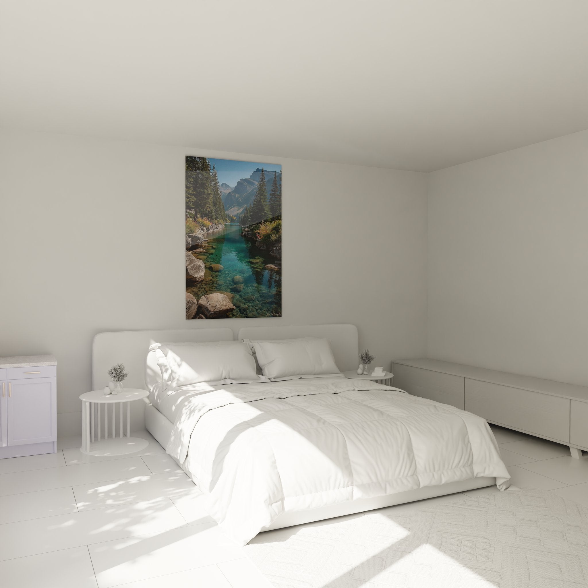 Décoration chambre avec tableau rivière cristalline dans ambiance cosy et naturelle