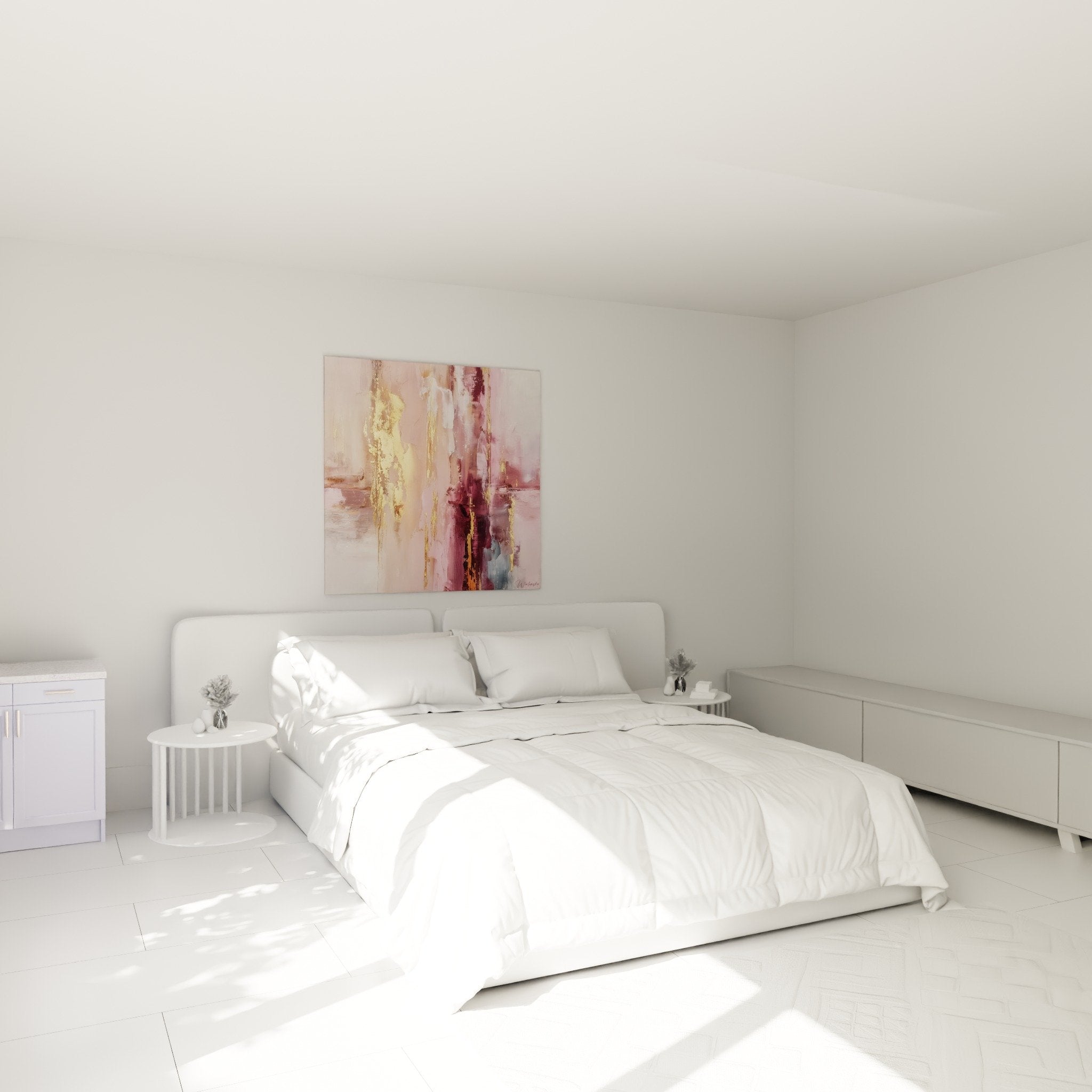 Œuvre abstraite rose et or installée dans chambre moderne ambiance romantique apaisante