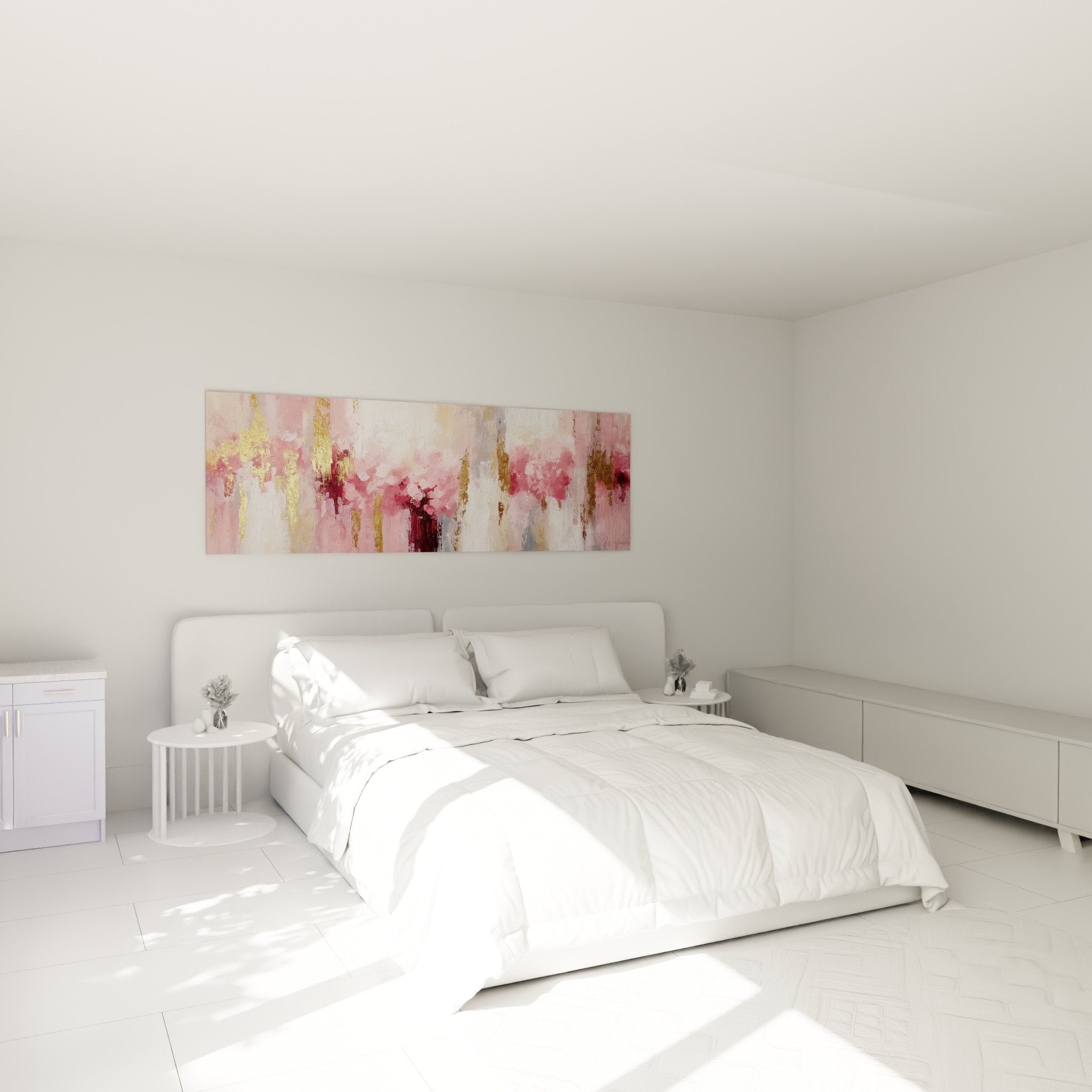 Bedroom decoration with abstract pink and gold artwork, zen and refined feng shui atmosphere
