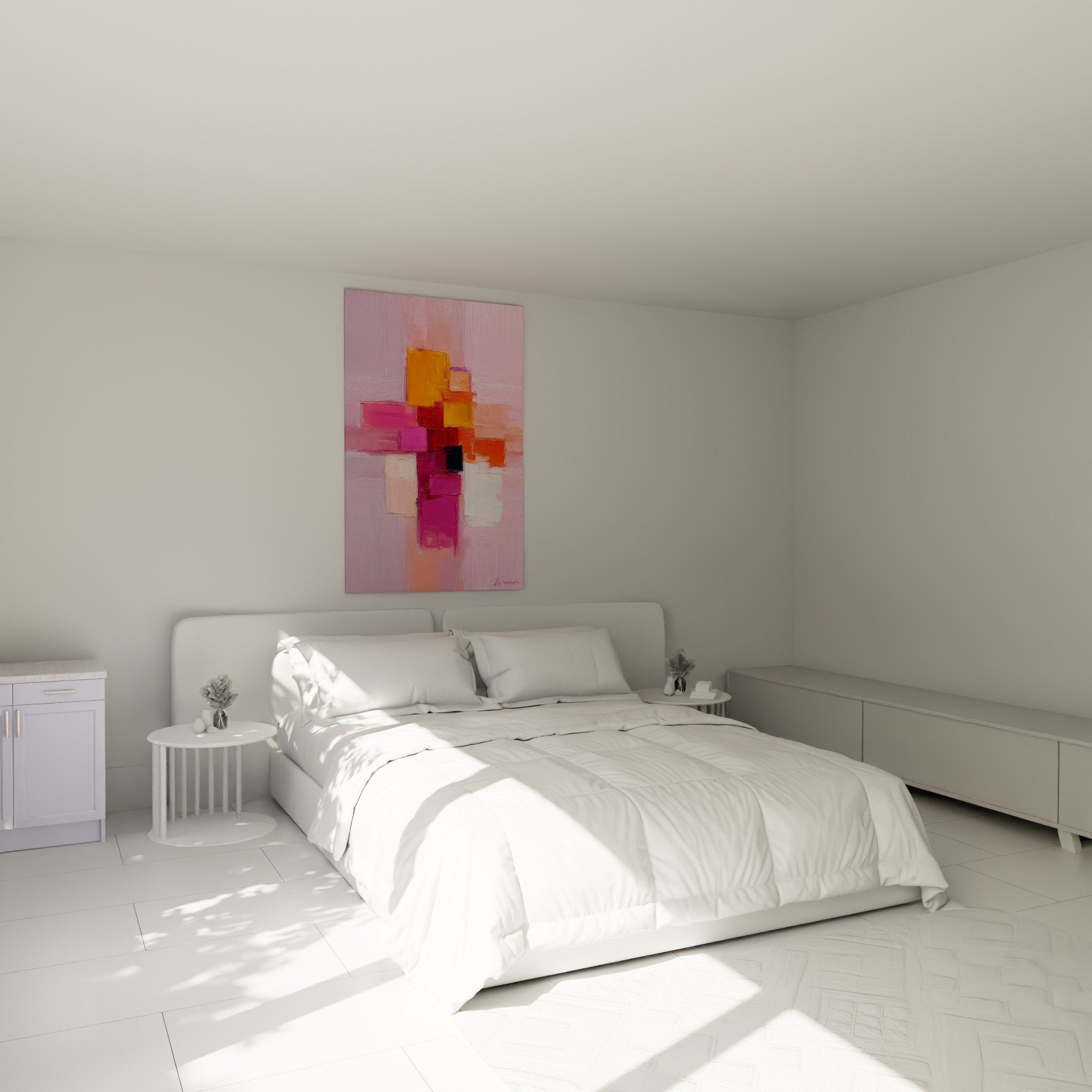 deco chambre tableau abstrait rose orange mur blanc feng shui