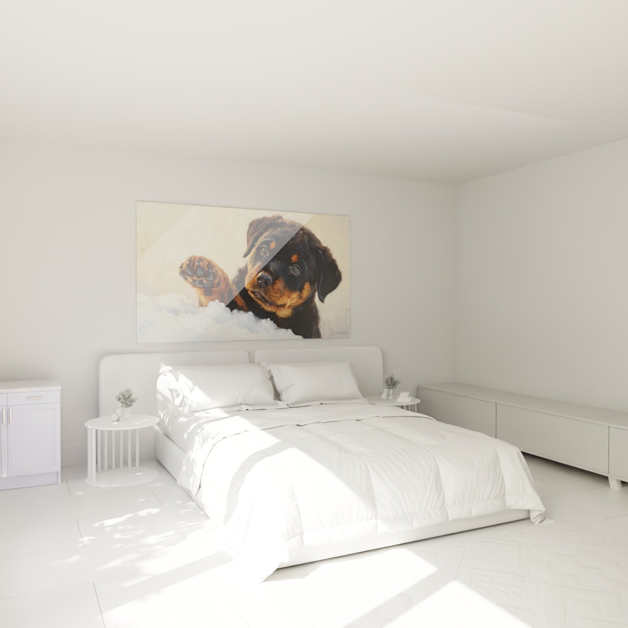 Déco chambre tableau chiots Rottweiler neige ambiance douce mur beige mobilier bois naturel
