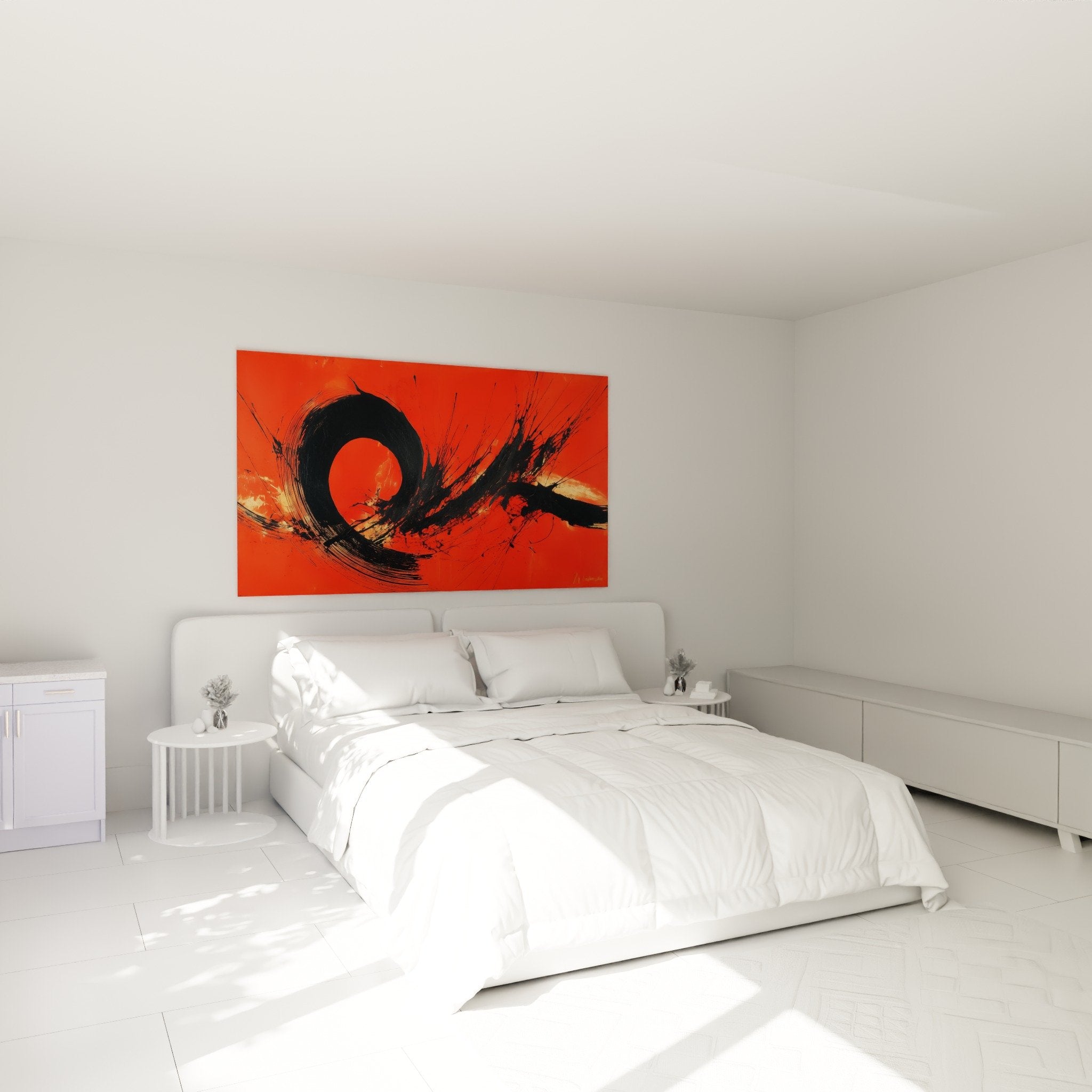 decoration murale rouge abstrait au dessus du lit ambiance moderne feng shui