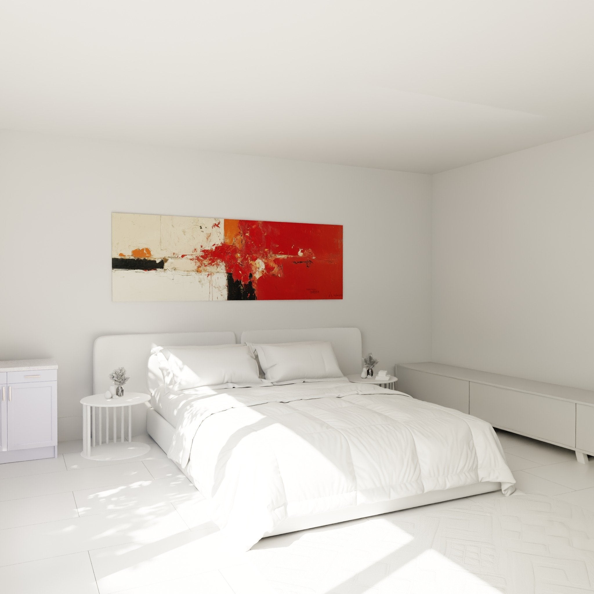 Deco chambre tableau abstrait rouge beige ambiance moderne feng shui sud feu