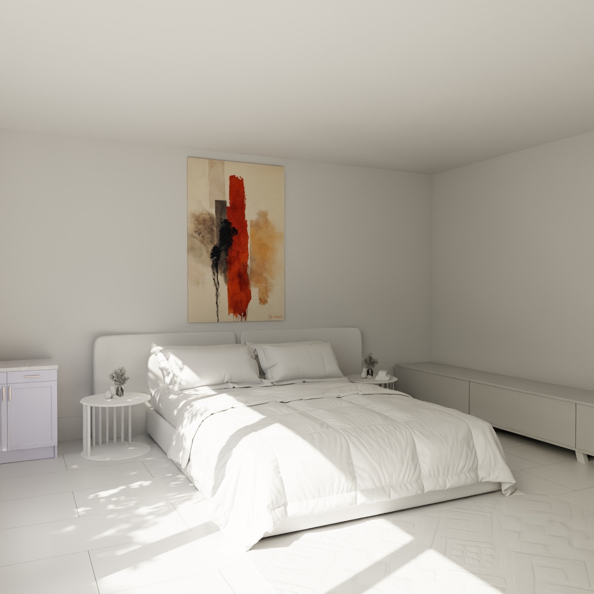 Abstract red black wall decor in contemporary feng shui bedroom earth center