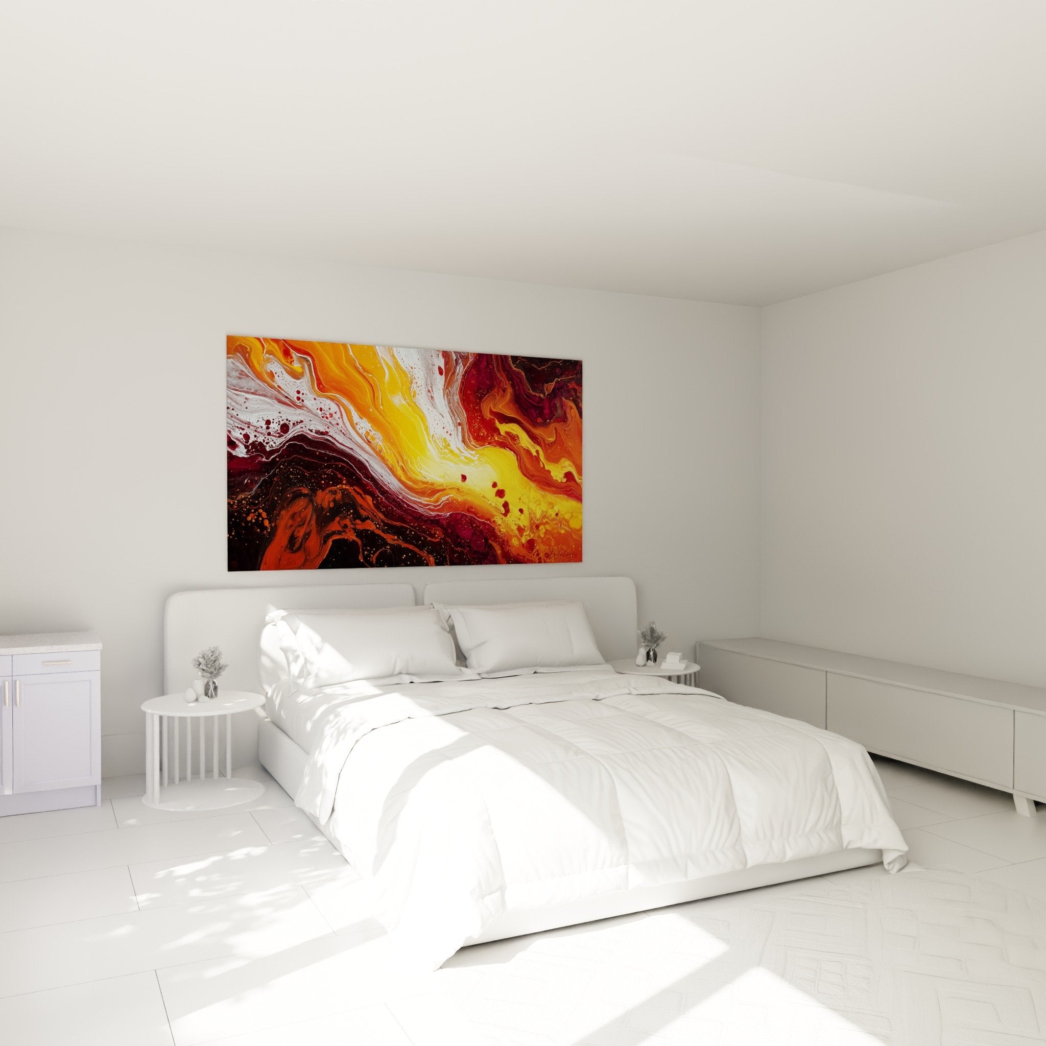 Decoration murale rouge orangee et doree dans chambre moderne aux tons neutres et mobilier contemporain