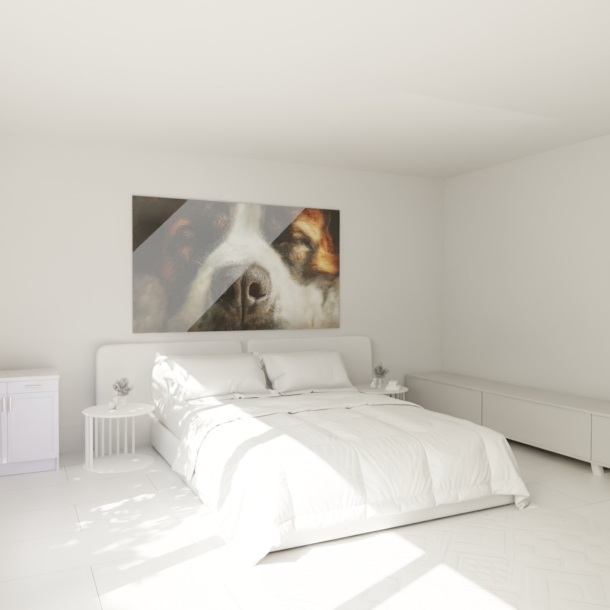 Tableau museau Saint Bernard decorant chambre moderne avec lit et luminaire contemporain