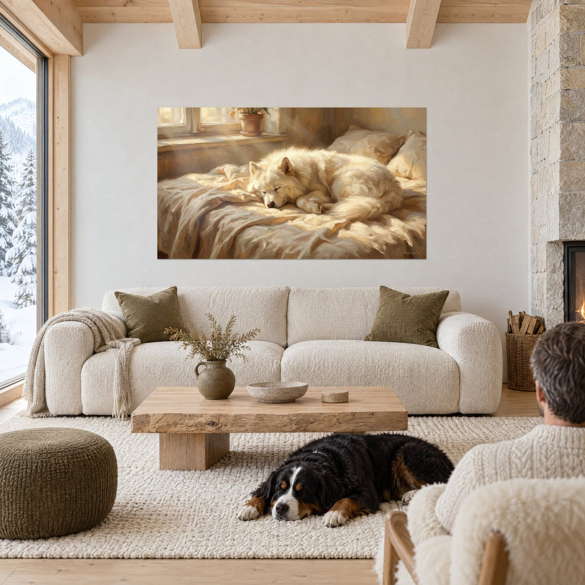 Tableau chien blanc moelleux endormi sur des draps crème, lumière dorée de fenêtre, au-dessus d'un canapé dans un salon lumineux