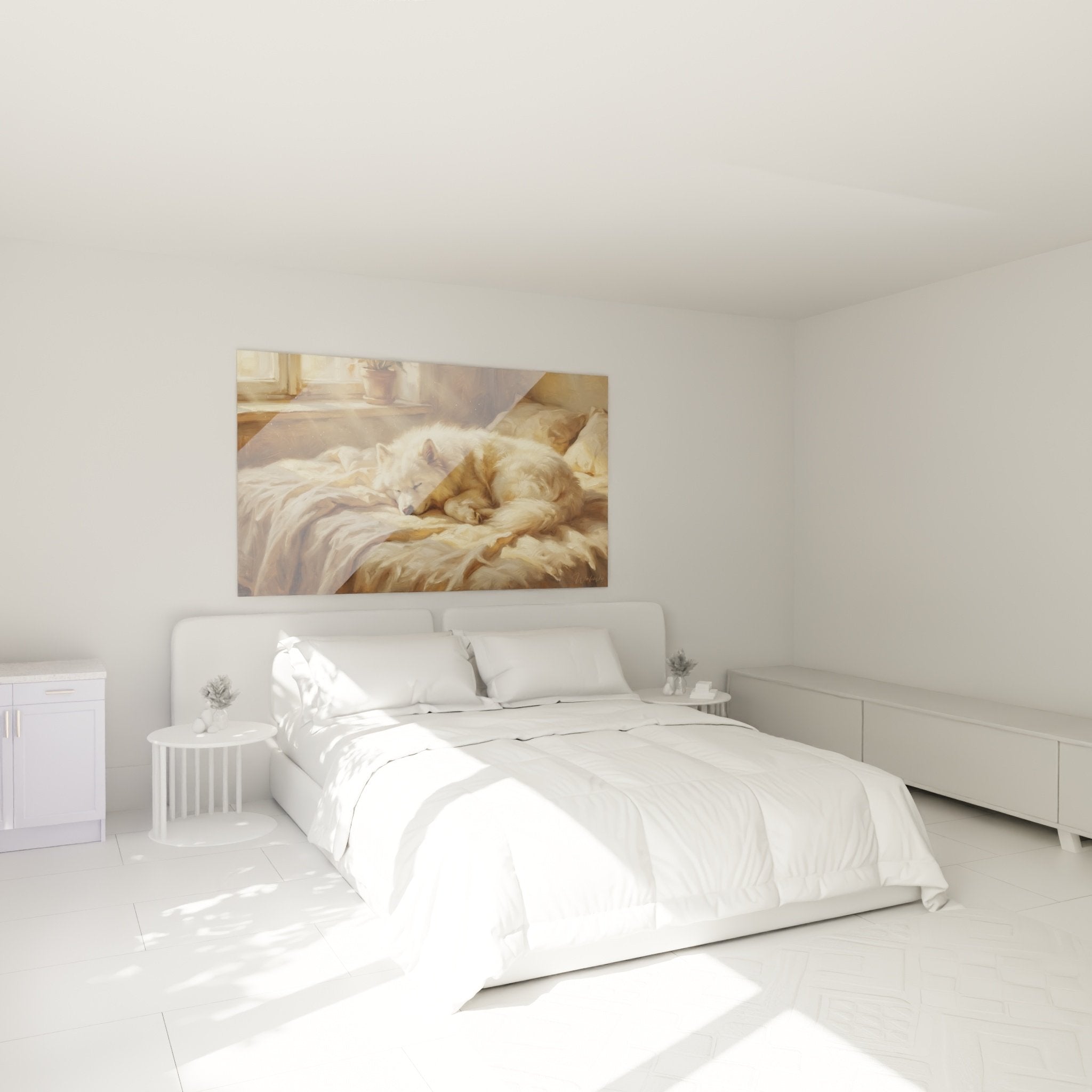 Décoration chambre avec tableau Samoyède endormi créant une ambiance cosy et apaisante