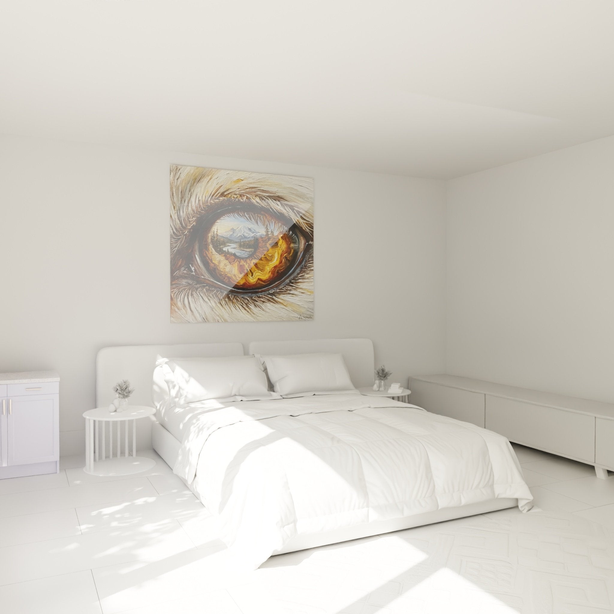 Tableau œil de Samoyède avec reflet paysage montagne dans chambre moderne aux tons neutres et mobilier bois
