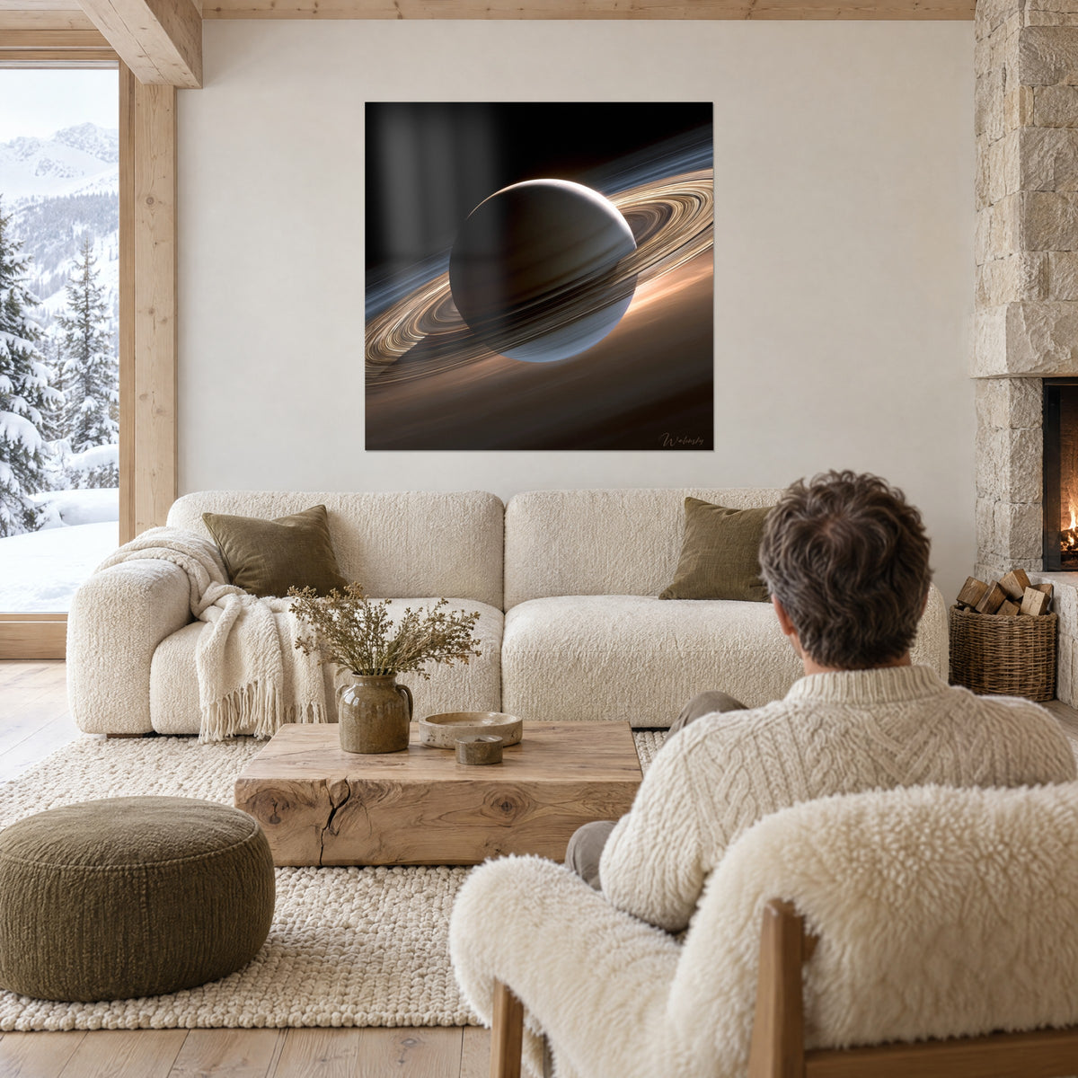 Quadro di un pianeta gigante con anelli di rame e crema su fondo nero, sopra un divano in un soggiorno luminoso