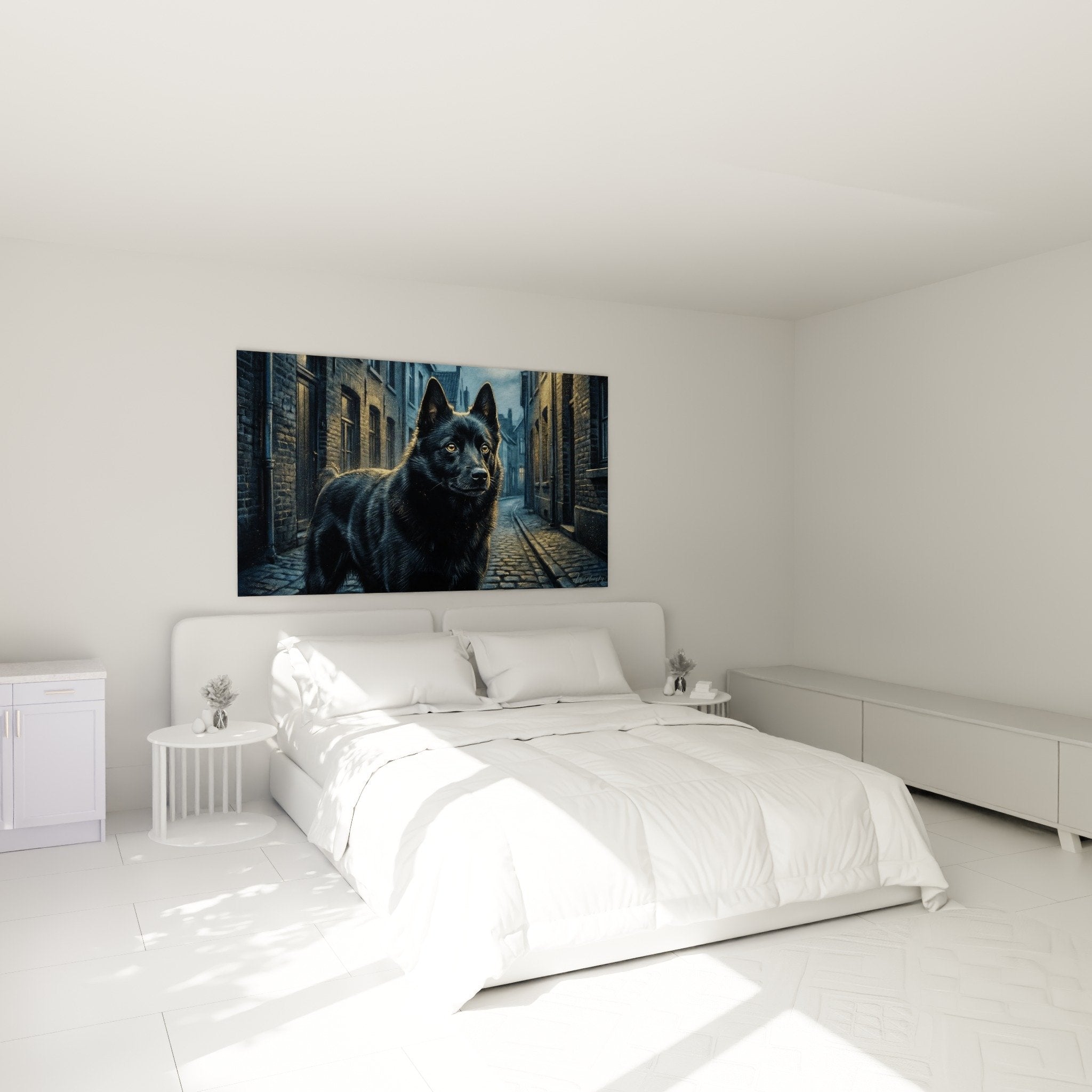 Décoration chambre avec tableau Schipperke urbain, ambiance cosy et raffinée, art mural chien de garde