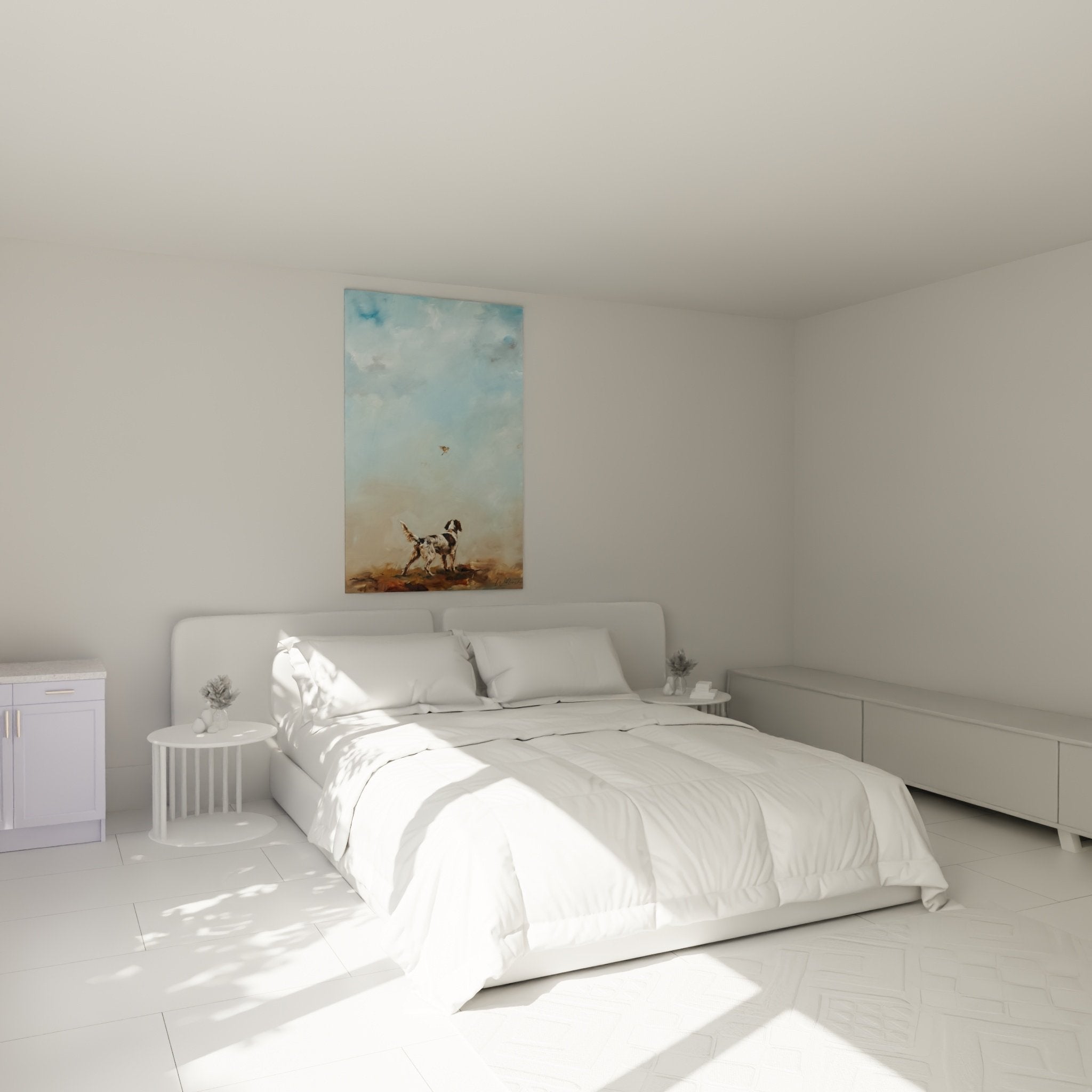 Wall decoration bedroom with English Setter hunter artwork in natural landscape soft tones