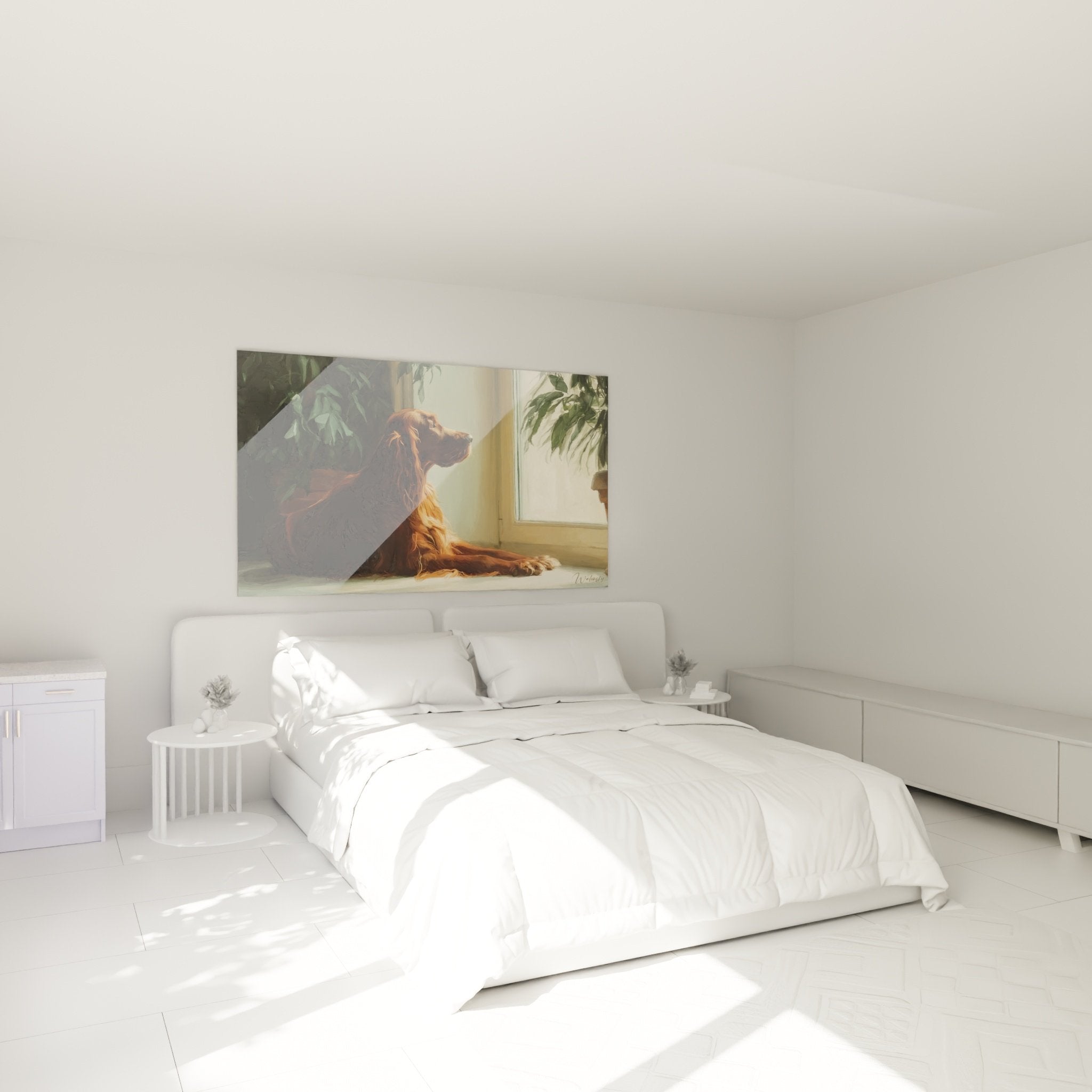 Décoration chambre avec tableau setter irlandais pelage cuivré lumière naturelle ambiance apaisante cocooning